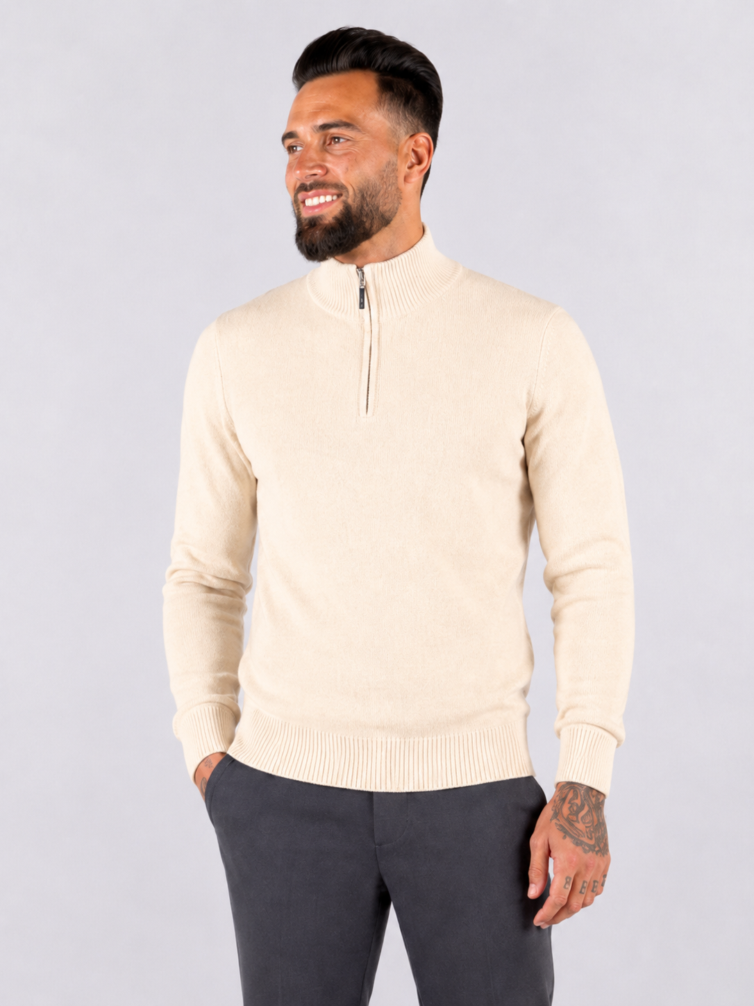 Quarter Zip Knit Sweater - White - Frankie's