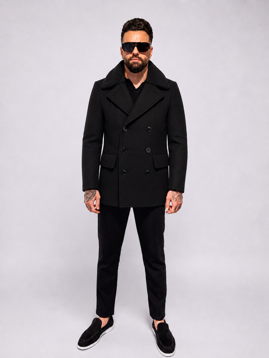 Double Breasted Short Coat With Fur Trim - Black - Frankie's