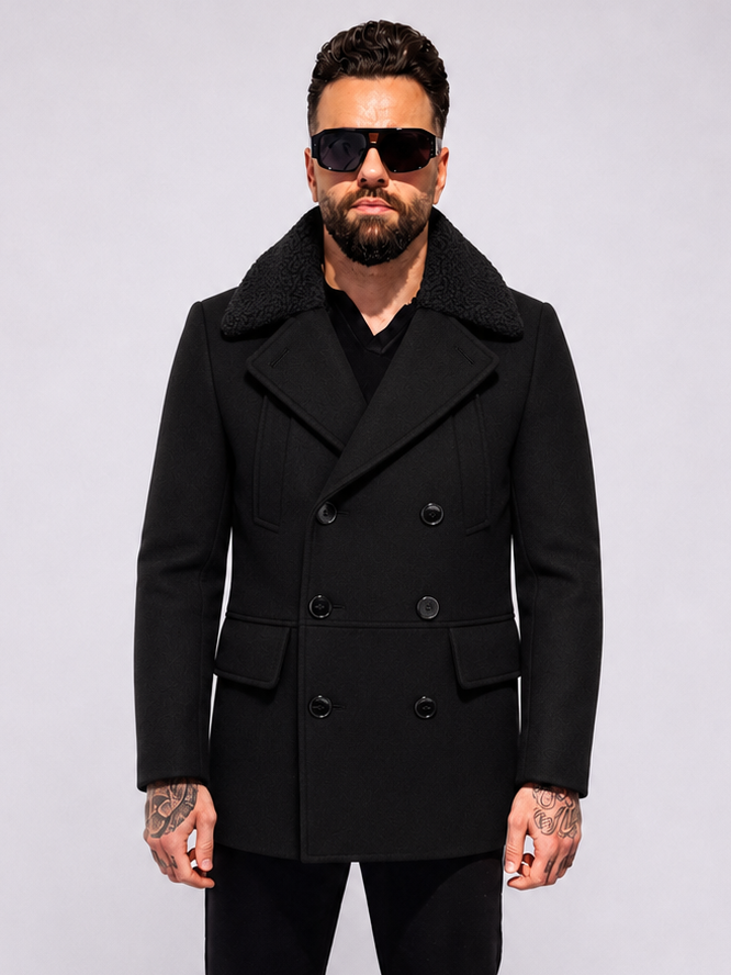 Double Breasted Short Coat With Fur Trim - Black - Frankie's