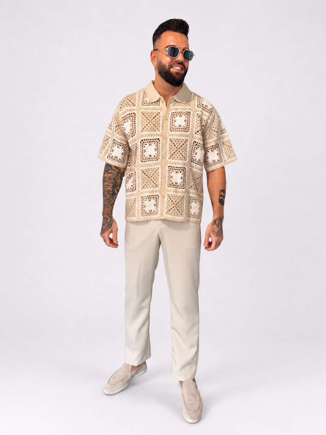 Pantalon straight fit shifted button beige