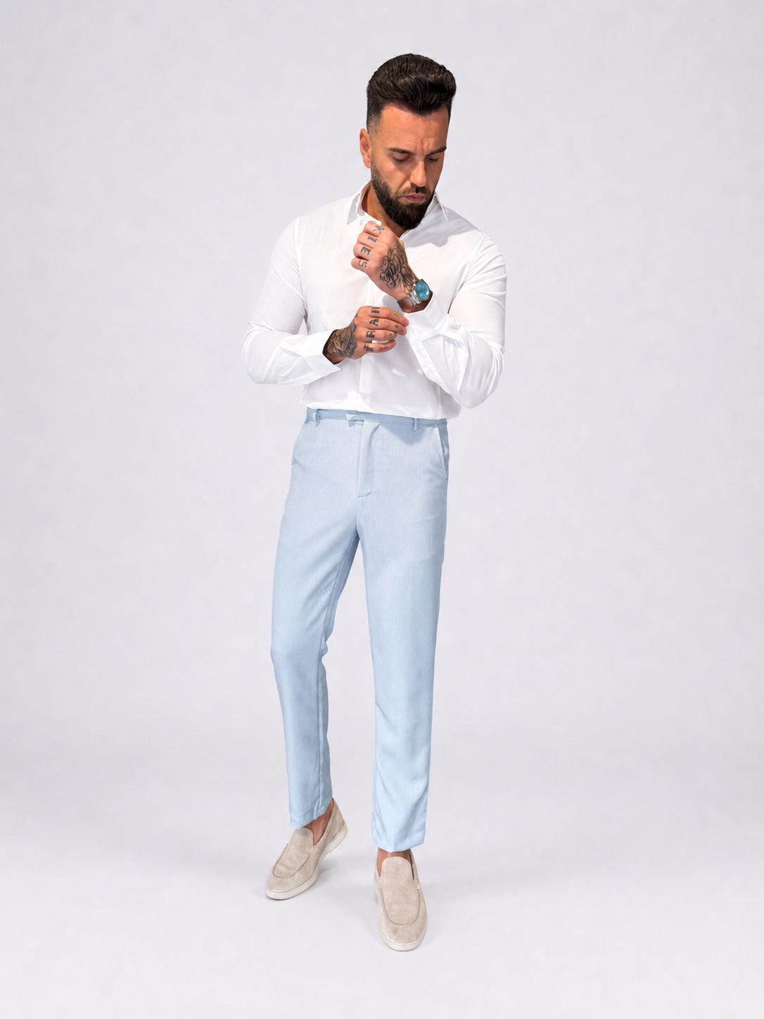 Pantalon straight fit shifted button light blue