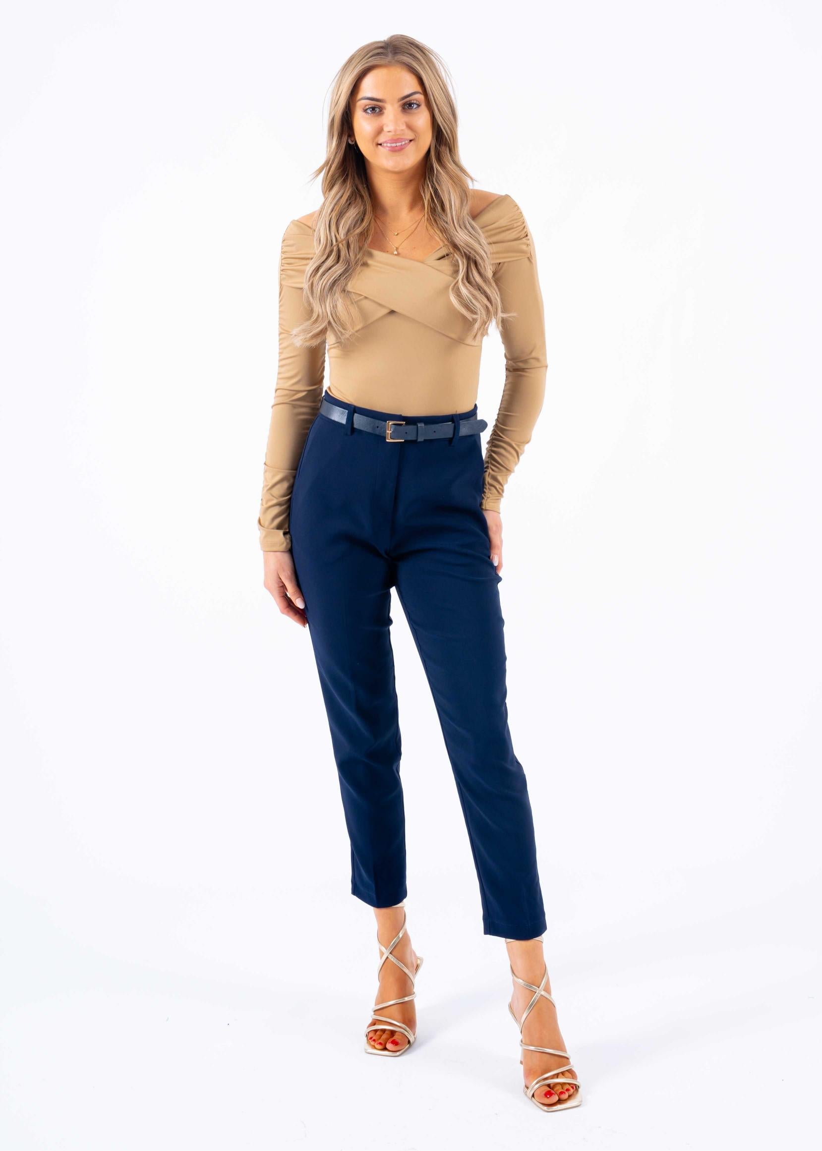 Slim fit stretch pantalon with belt navy blue - Frankie's