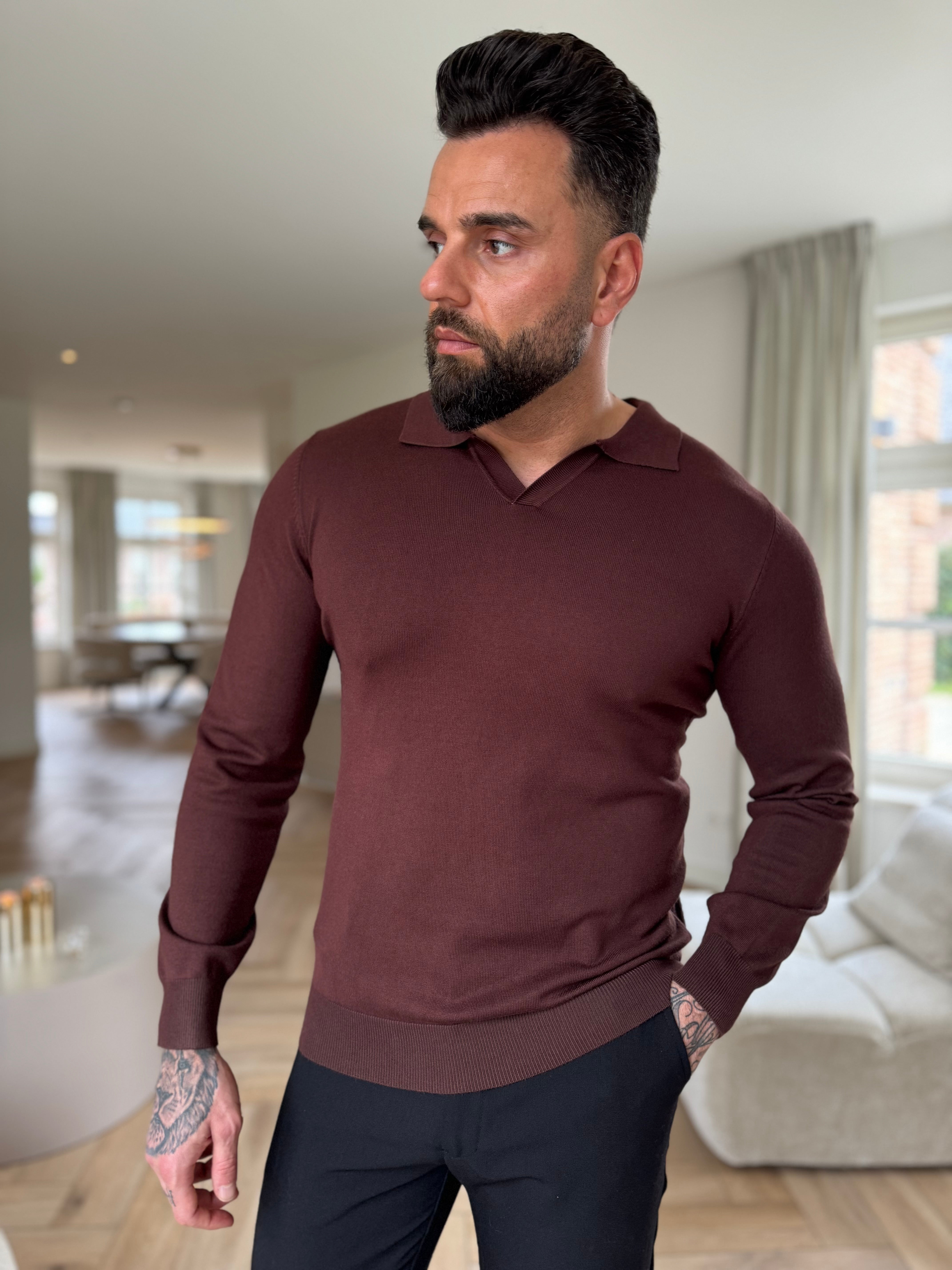Collar V-Neck Knitwear, Plain. - Brown
