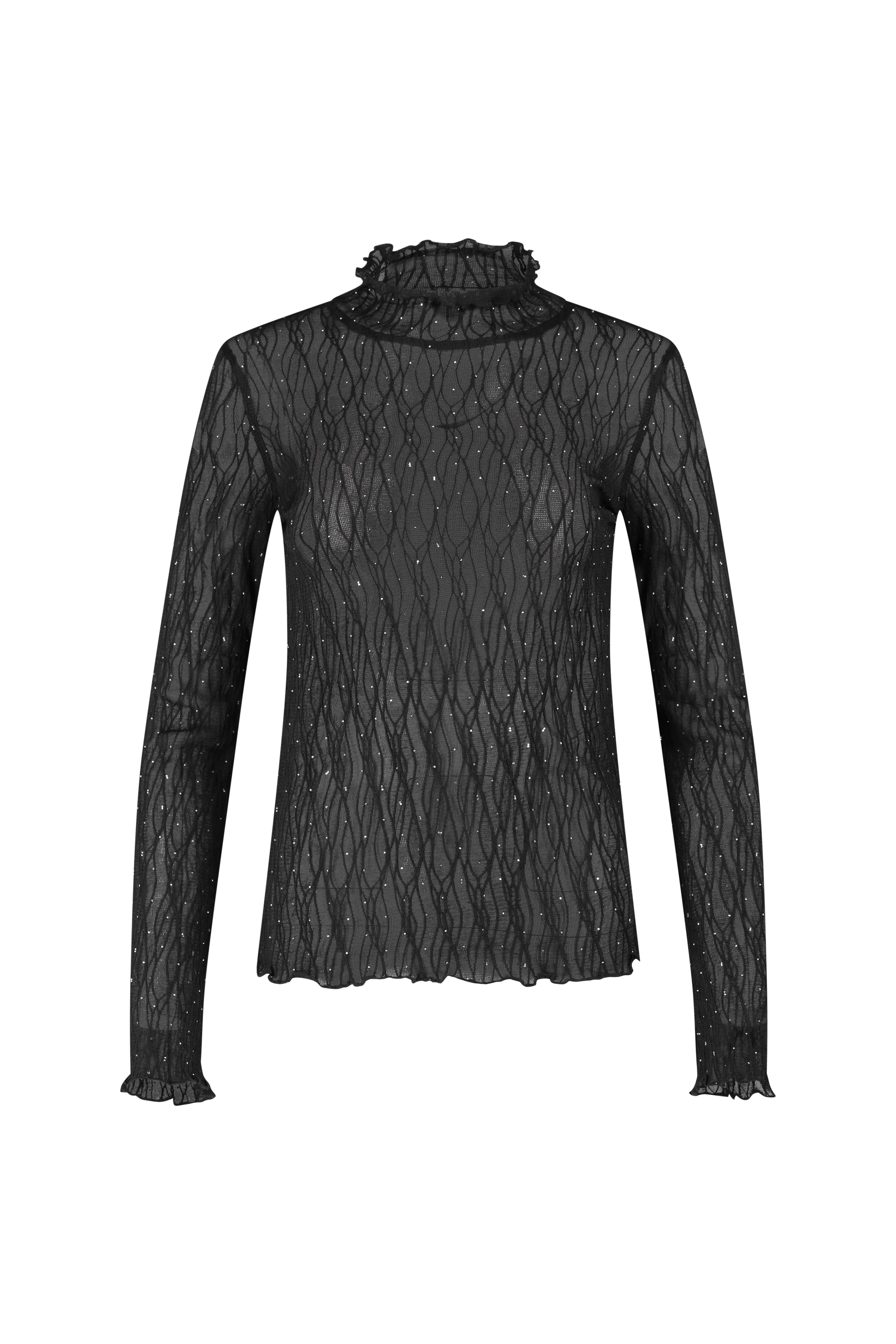 Lace Rhinestone Long Sleeve Top - Black