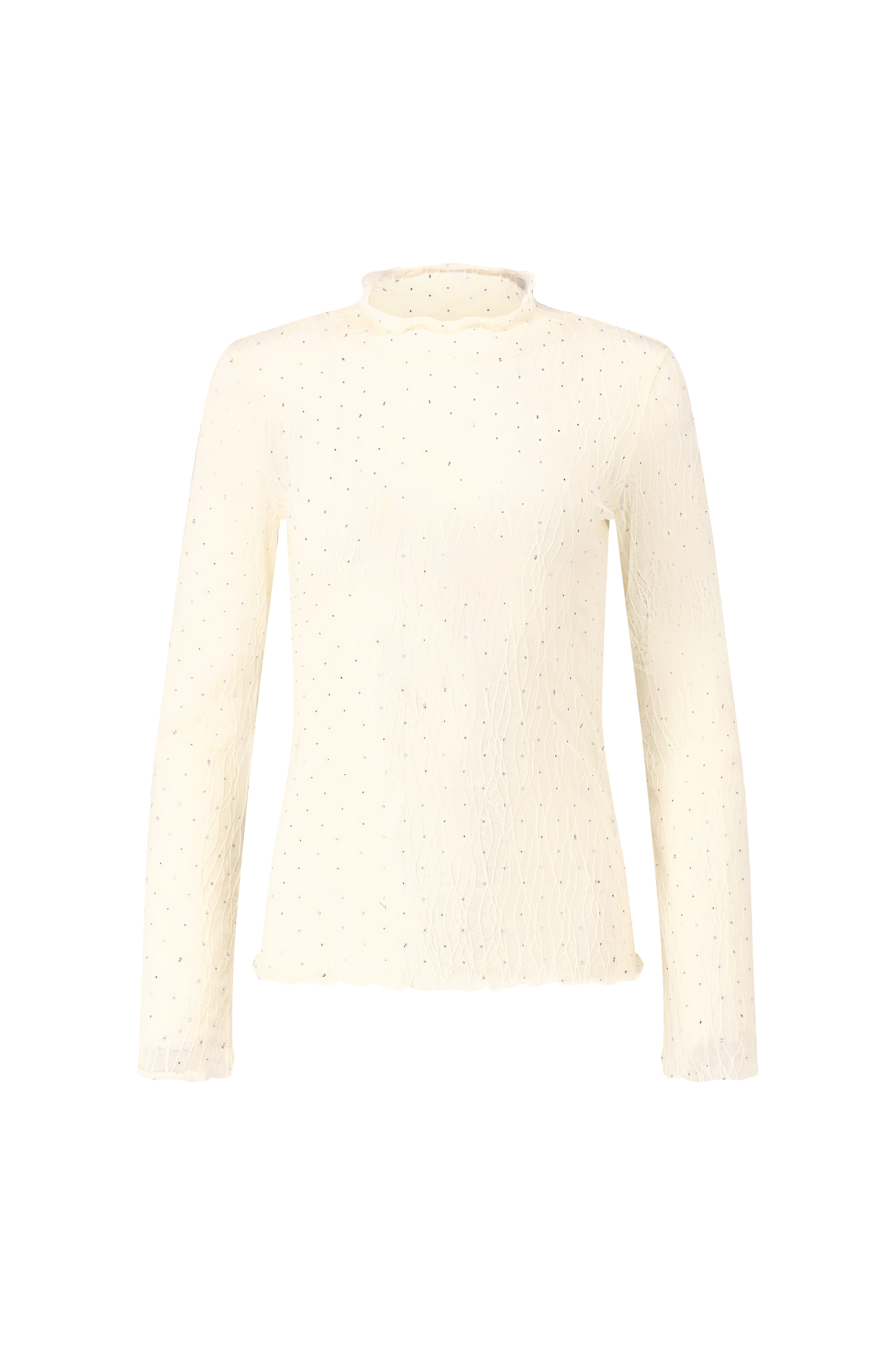 Lace Rhinestone Long Sleeve Top - Cream