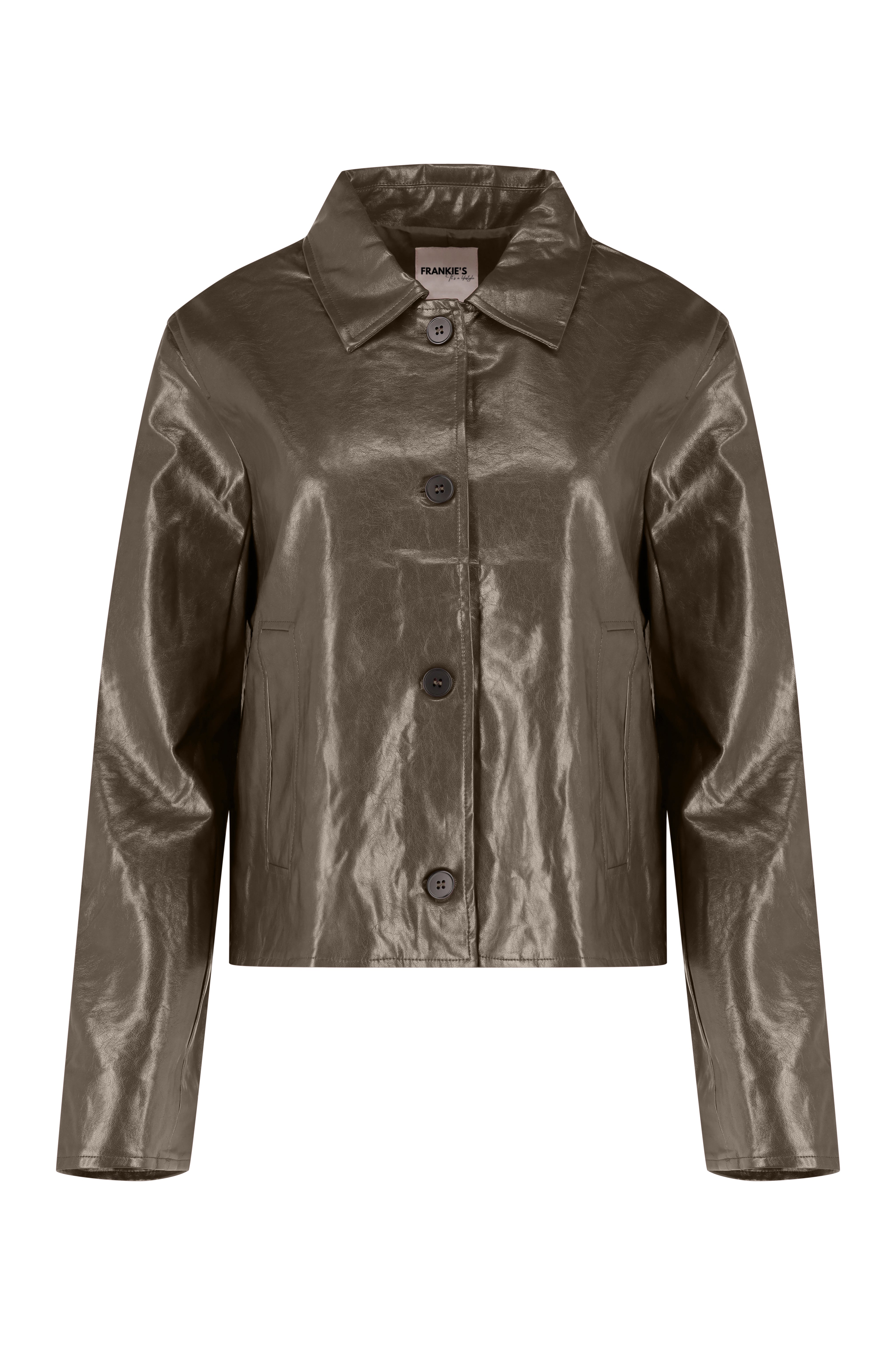 Lined Faux Leather Jacket - Khaki