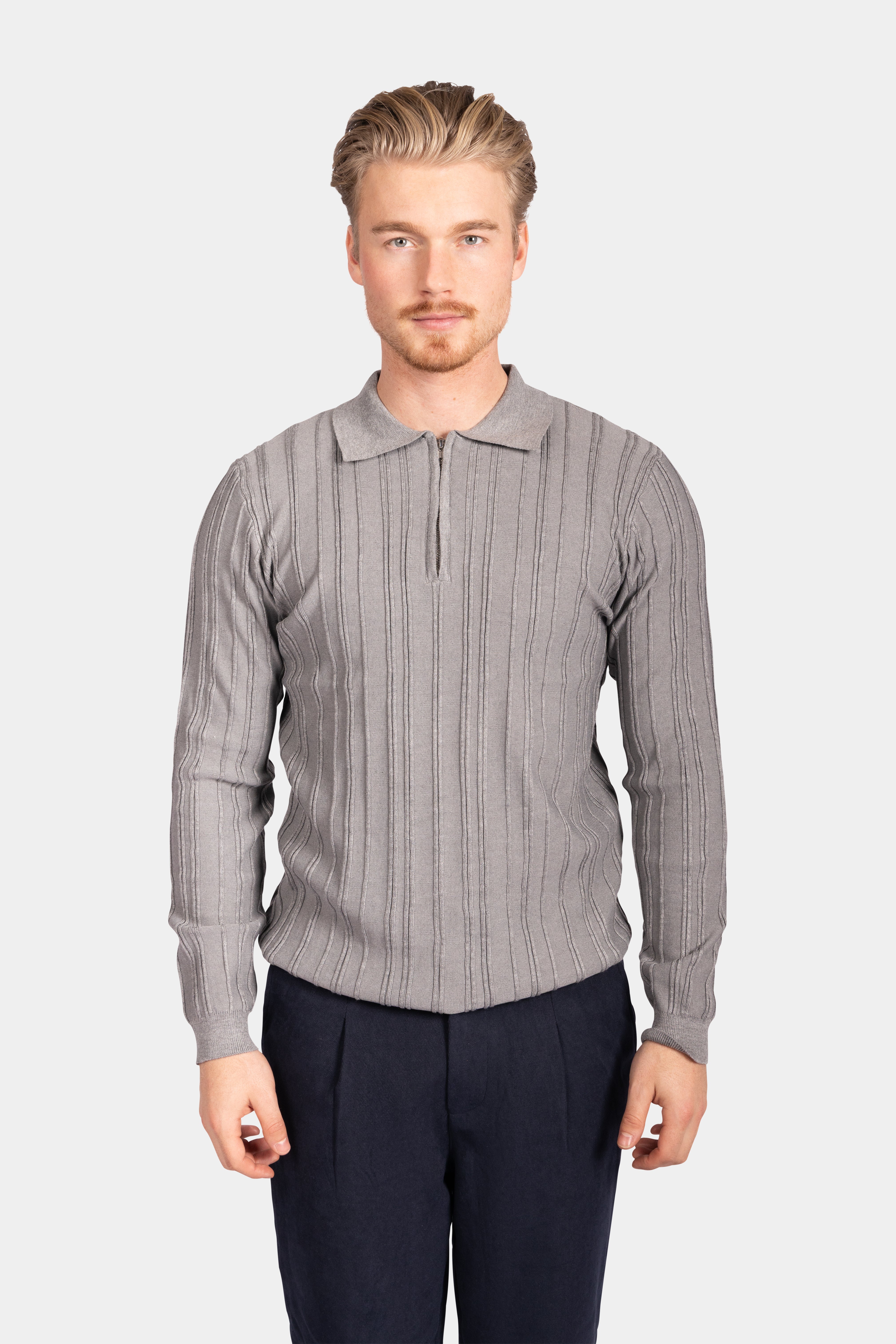 Ribbed Knit Polo - Grey