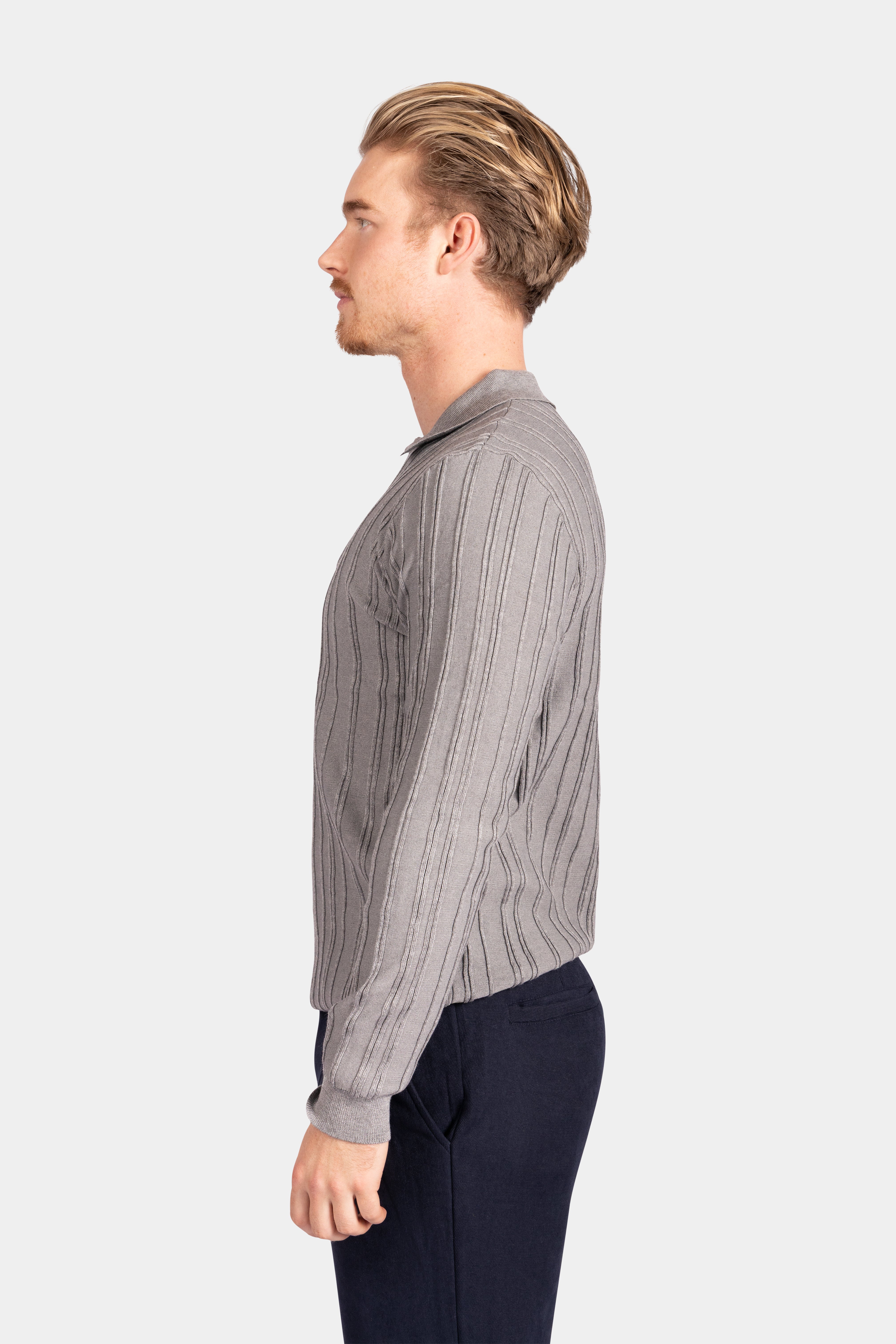 Ribbed Knit Polo - Grey