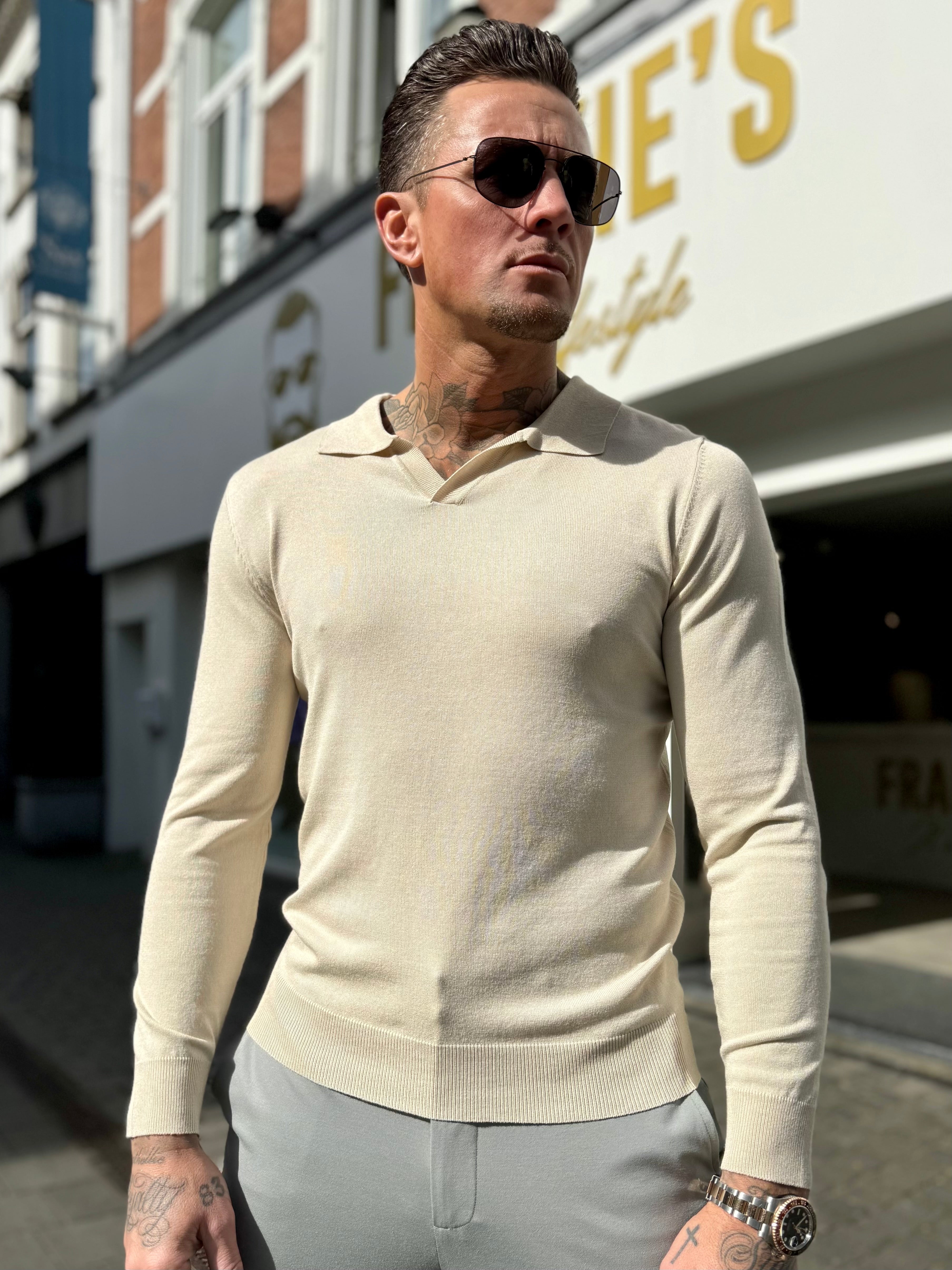 Collar V-Neck Knitwear, Plain - Beige