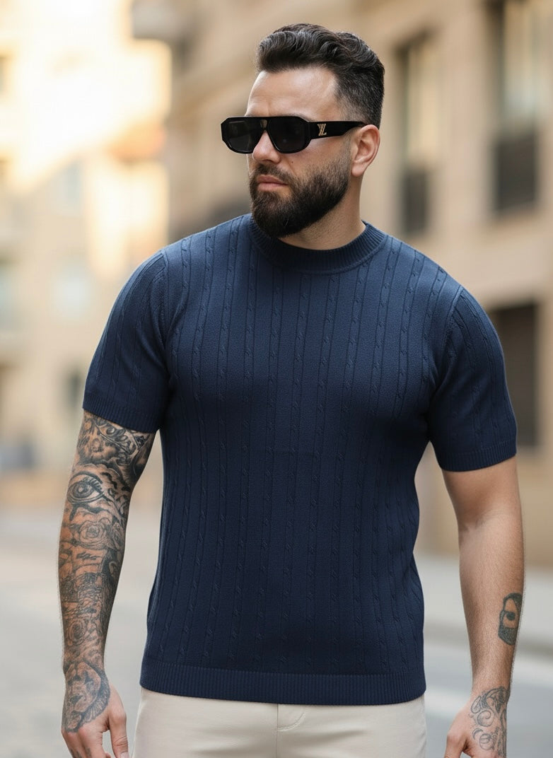 Cable Knit Short-Sleeve Shirt Navy Blue - Frankie's