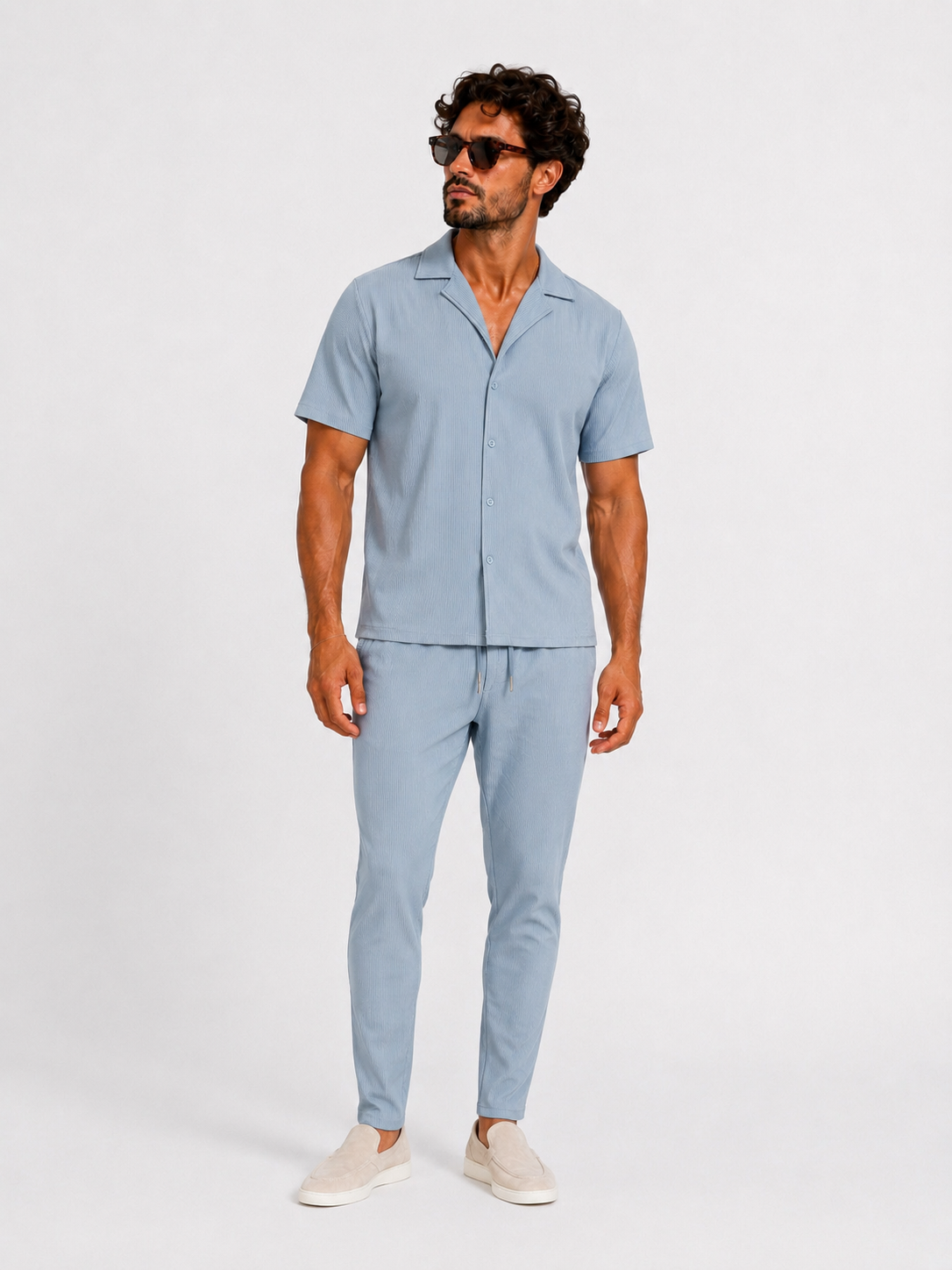 Summer set rib pantalon & shirt light blue