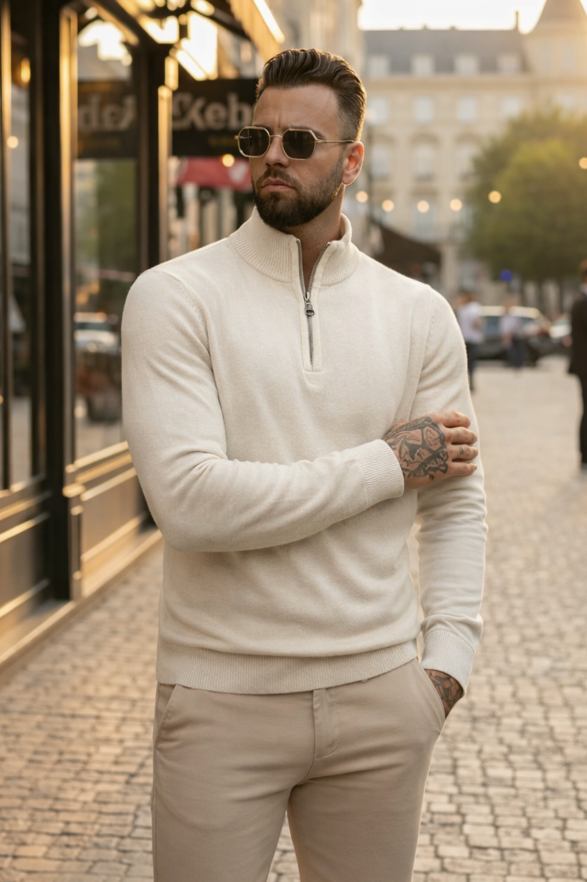Quarter Zip Knit Sweater - White - Frankie's