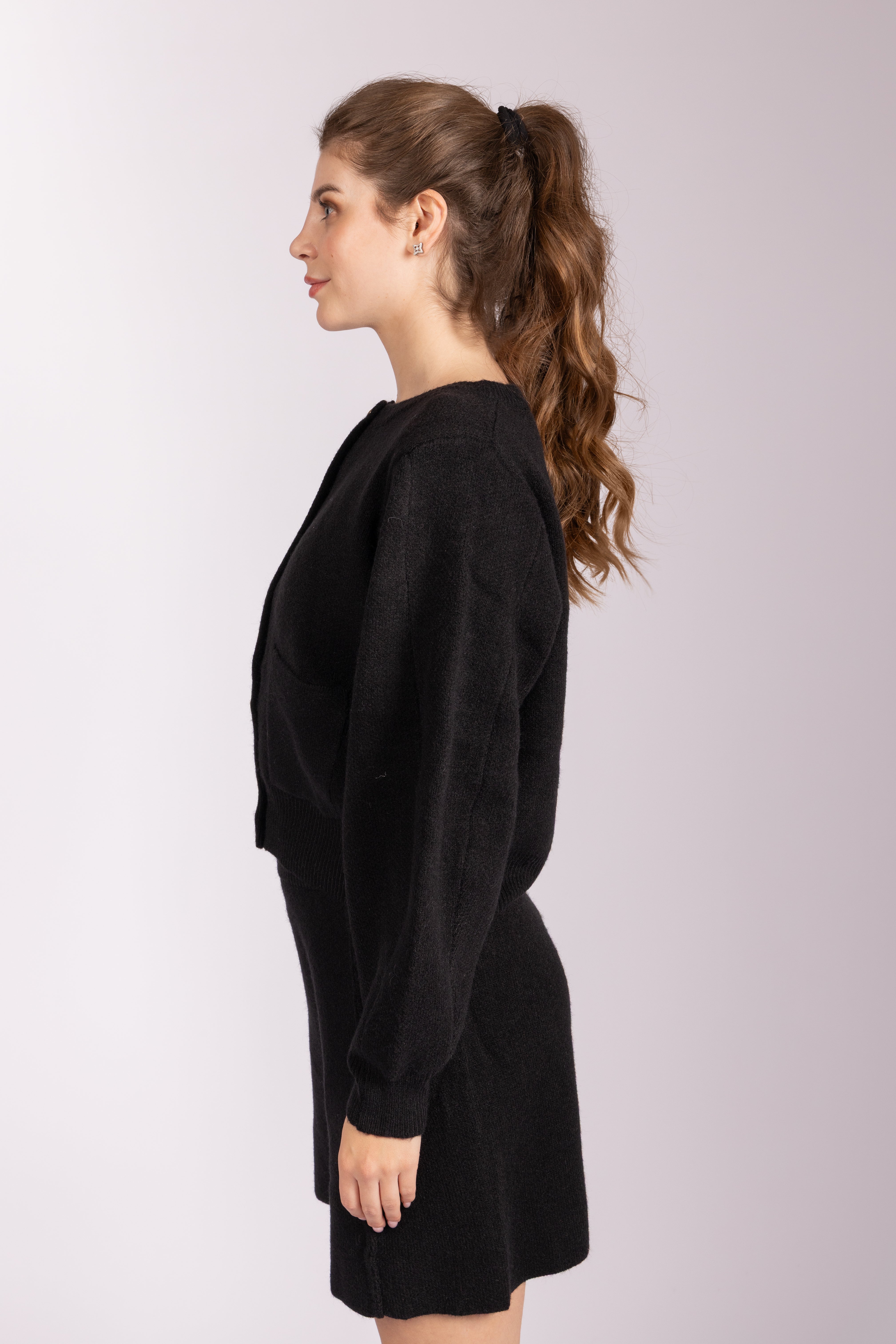 Matching Knitwear Cardigan and Skirt Set - Black