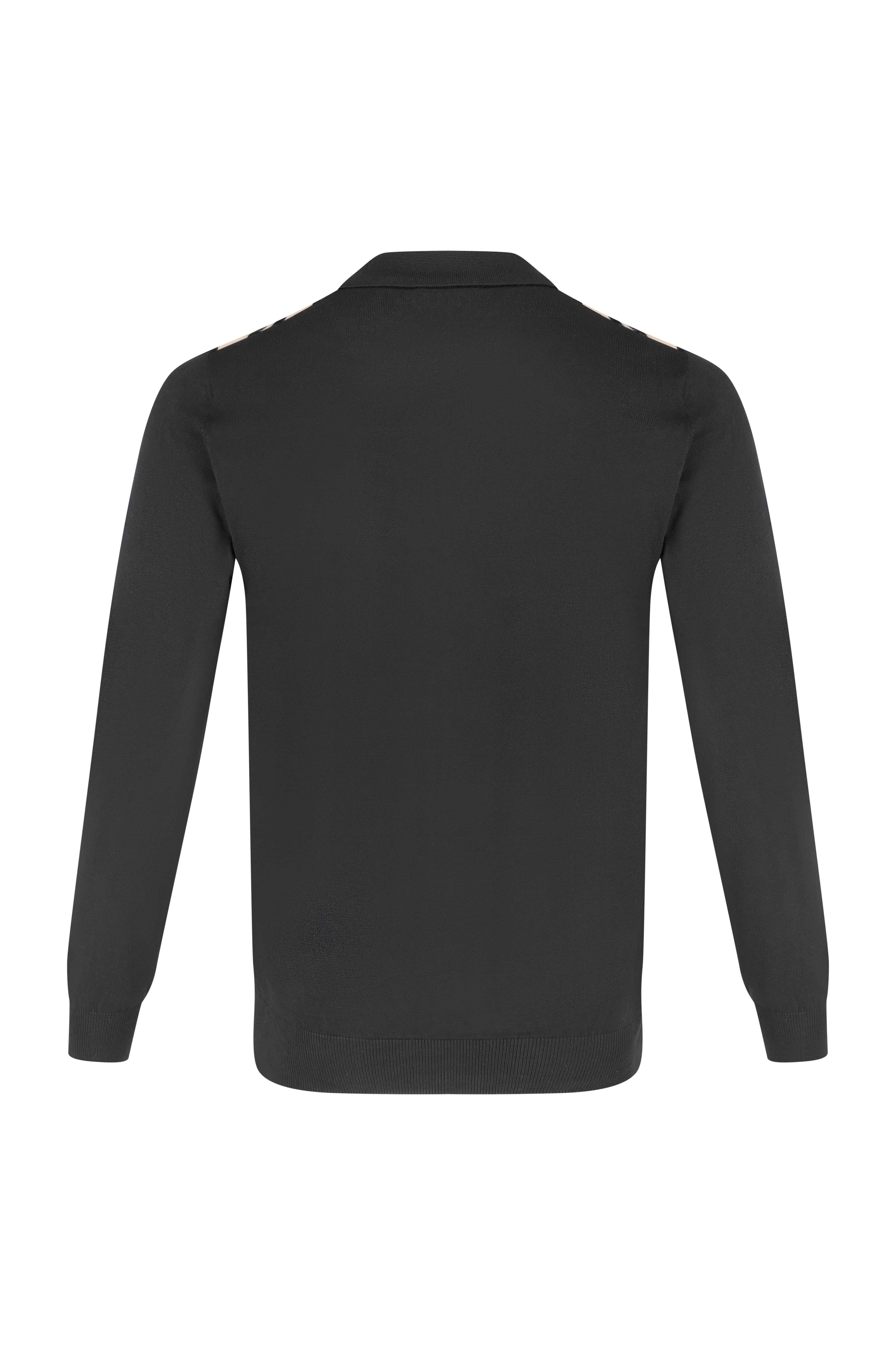 Collar V-Neck Knitwear, Colour Block Stripe Detail - Black