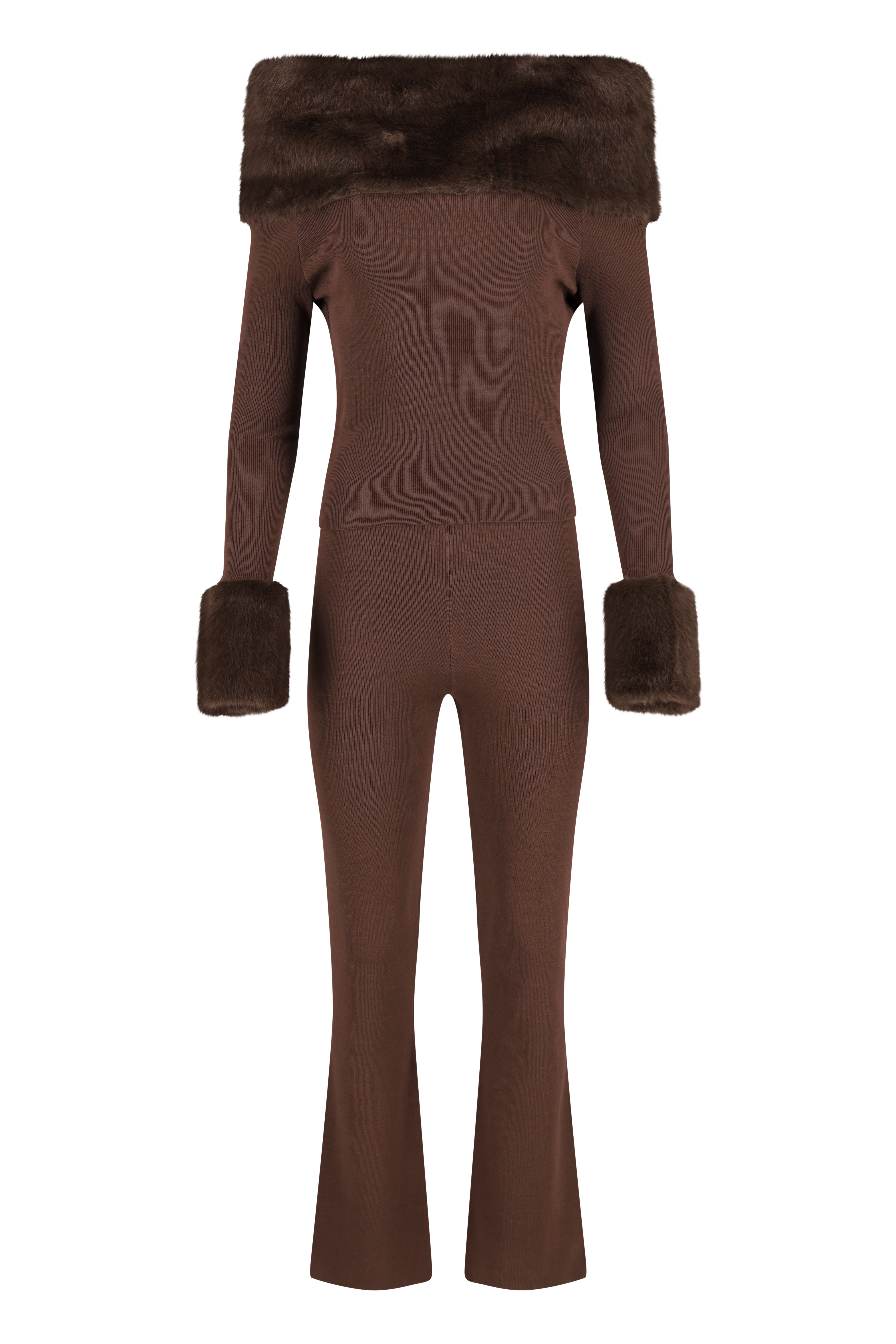 Schulterfreies Strick-Top & ausgestelltes Pantalon-Set – Braun