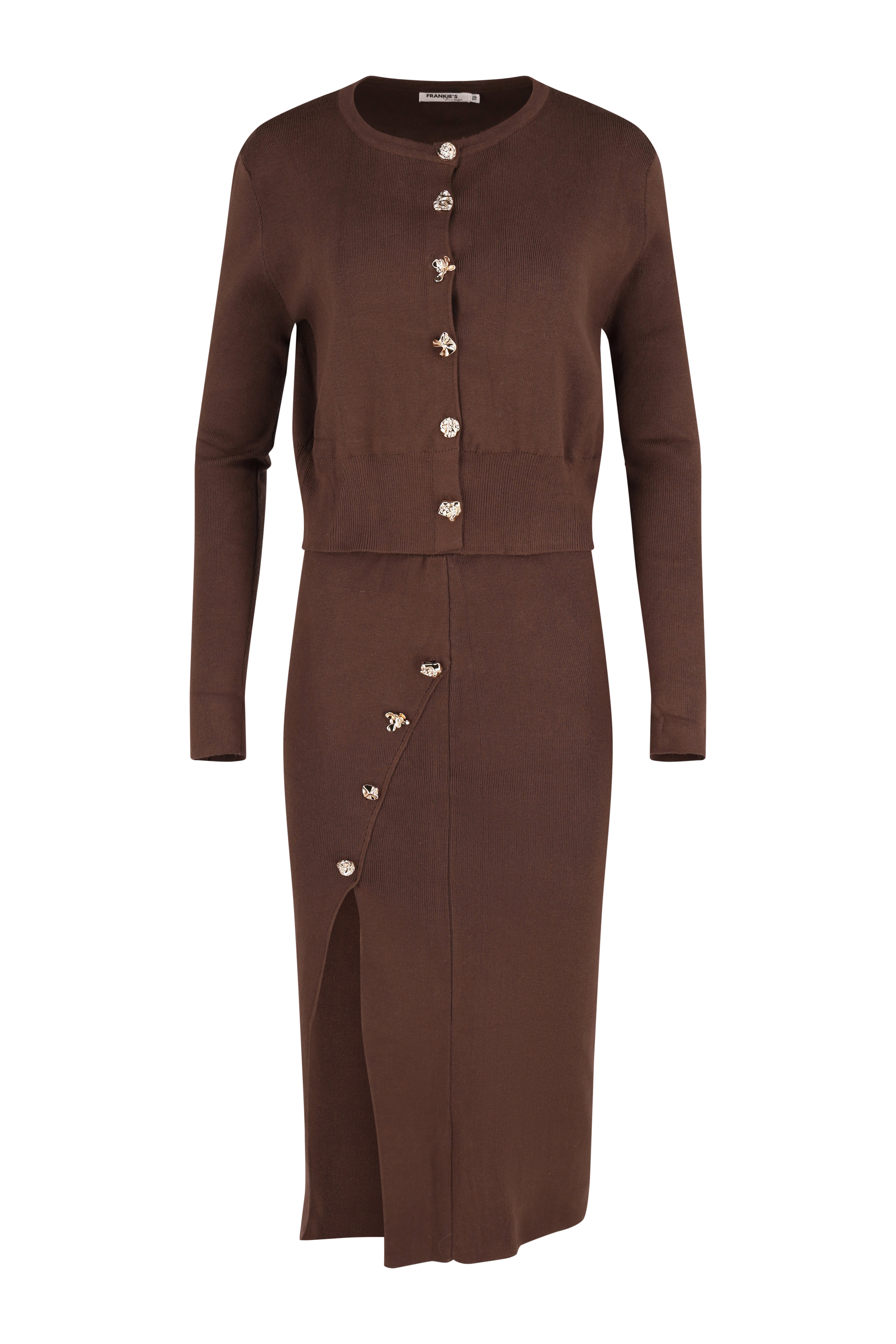 Knitted Cardigan & Midi Shirt Set - Brown