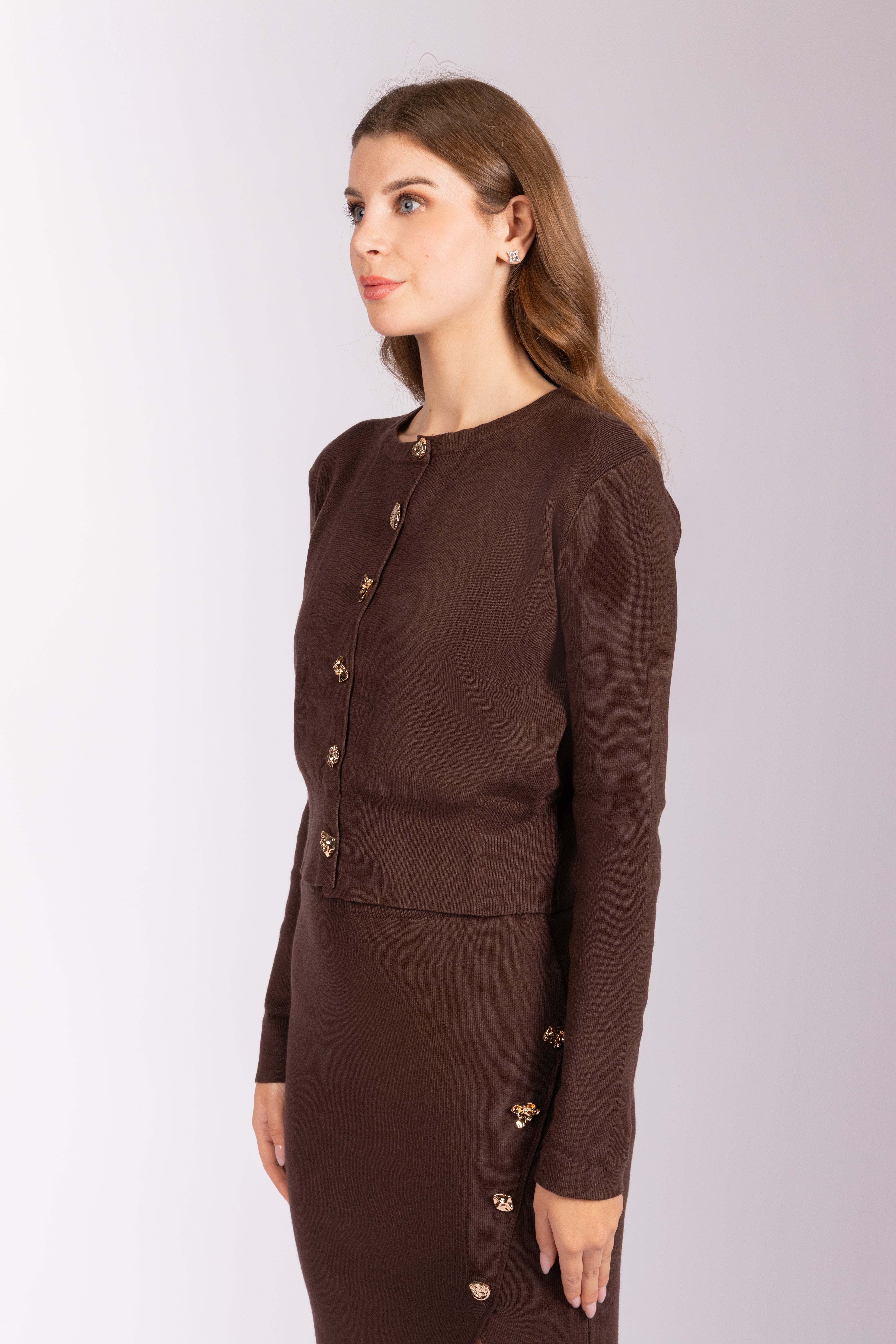Knitted Cardigan & Midi Shirt Set - Brown