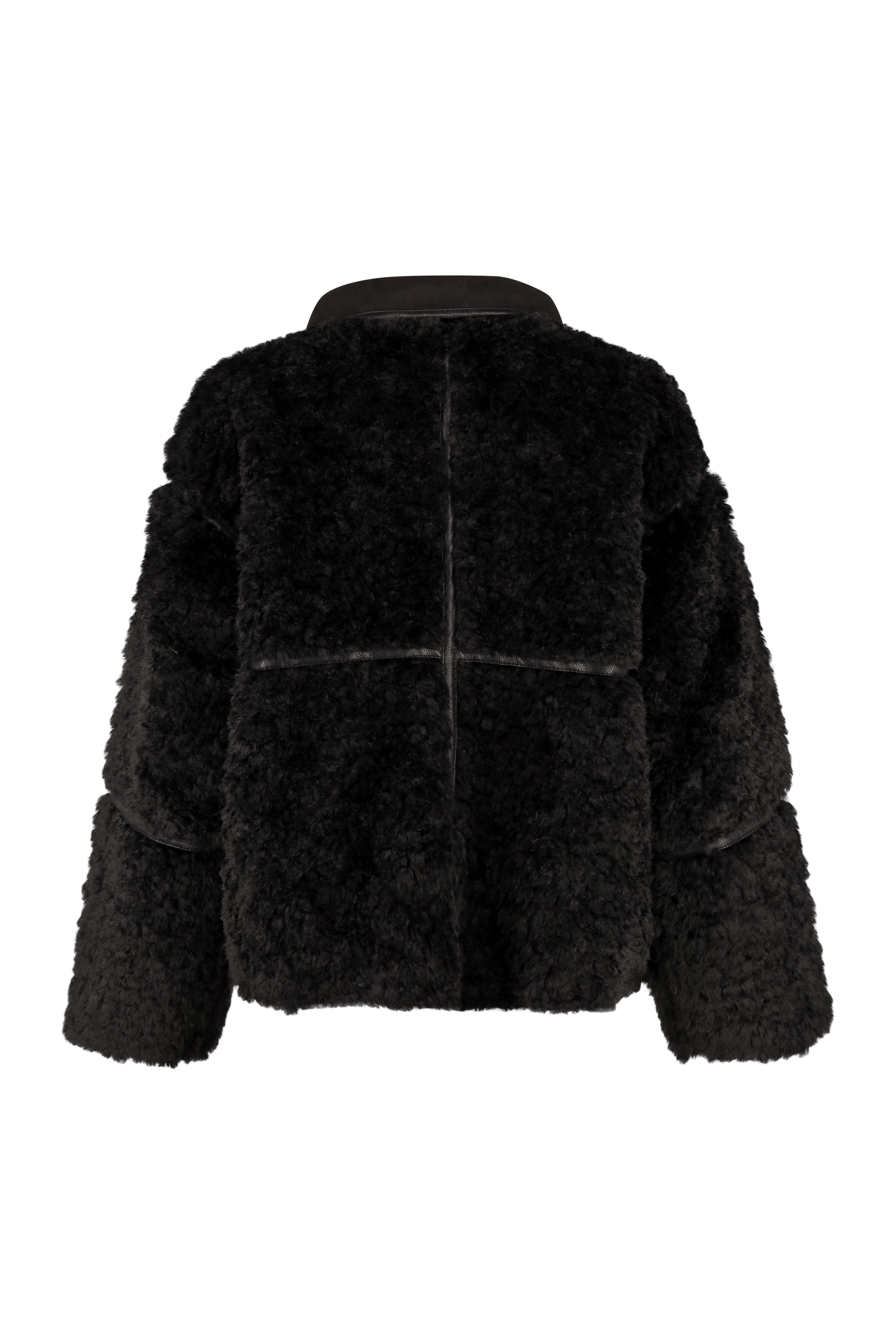 Fleece Jacket with Faux Leather Detail - Black