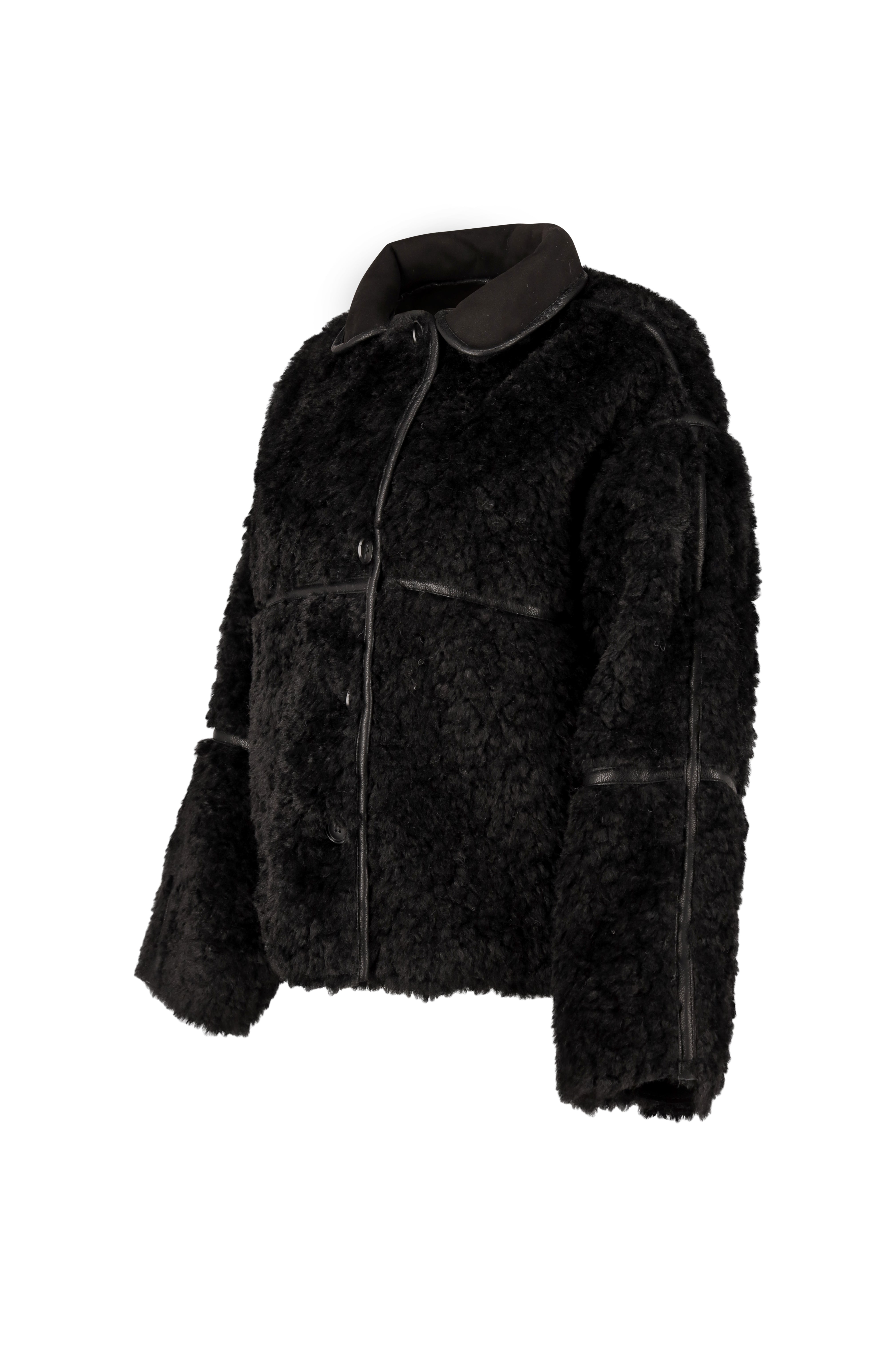 Fleece Jacket with Faux Leather Detail - Black