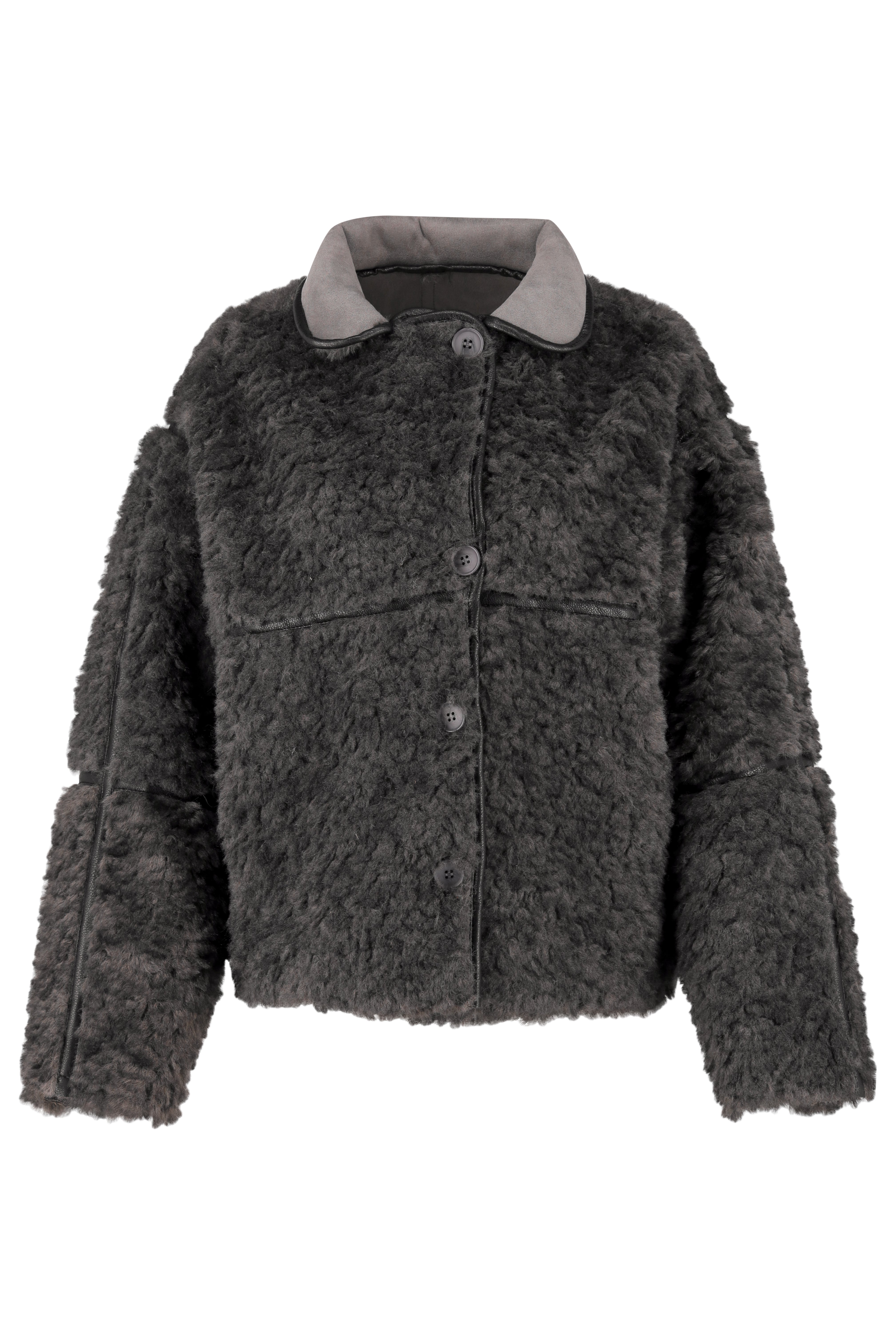 Fleece Jacket with Faux Leather Detail - Grey