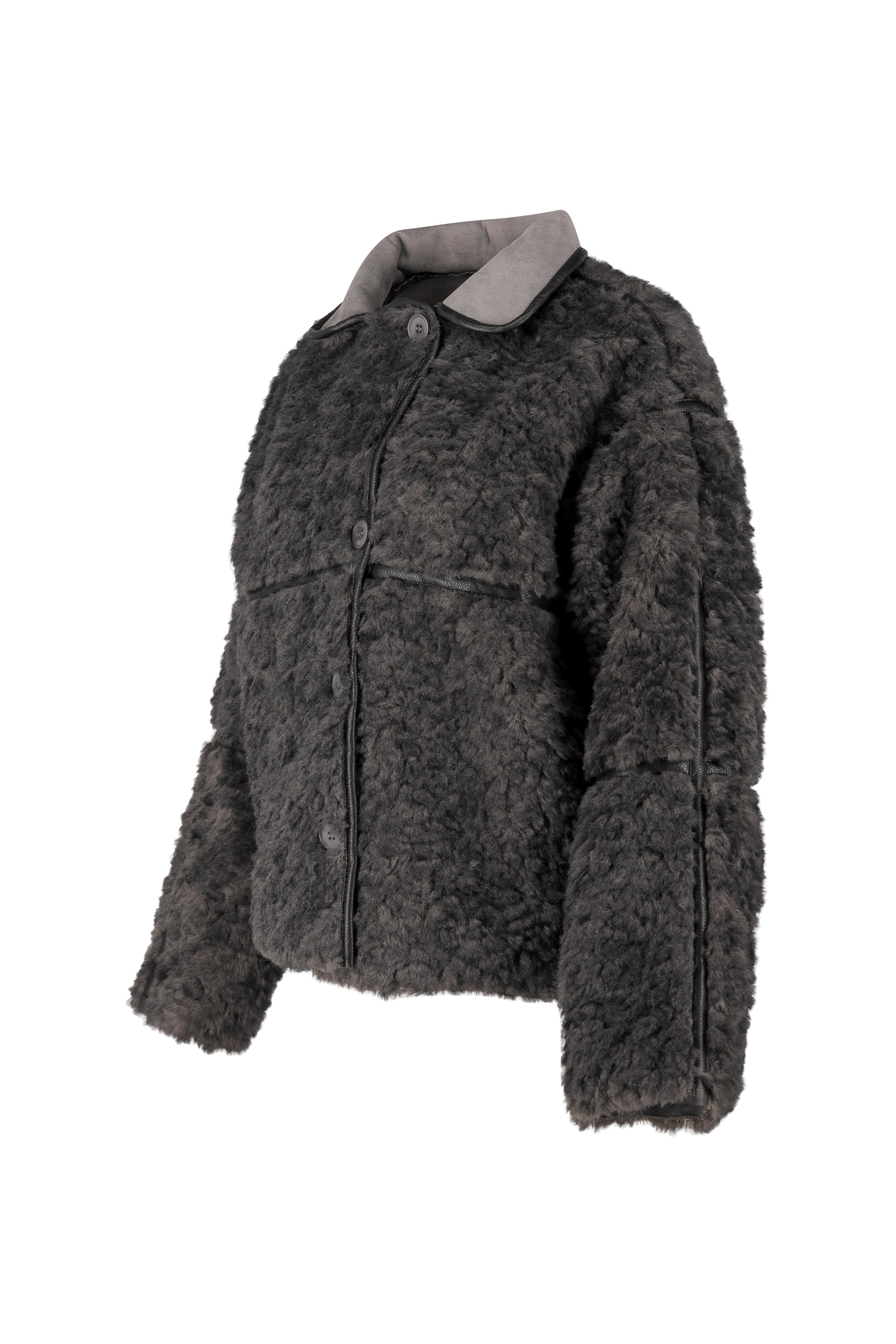 Fleece Jacket with Faux Leather Detail - Grey