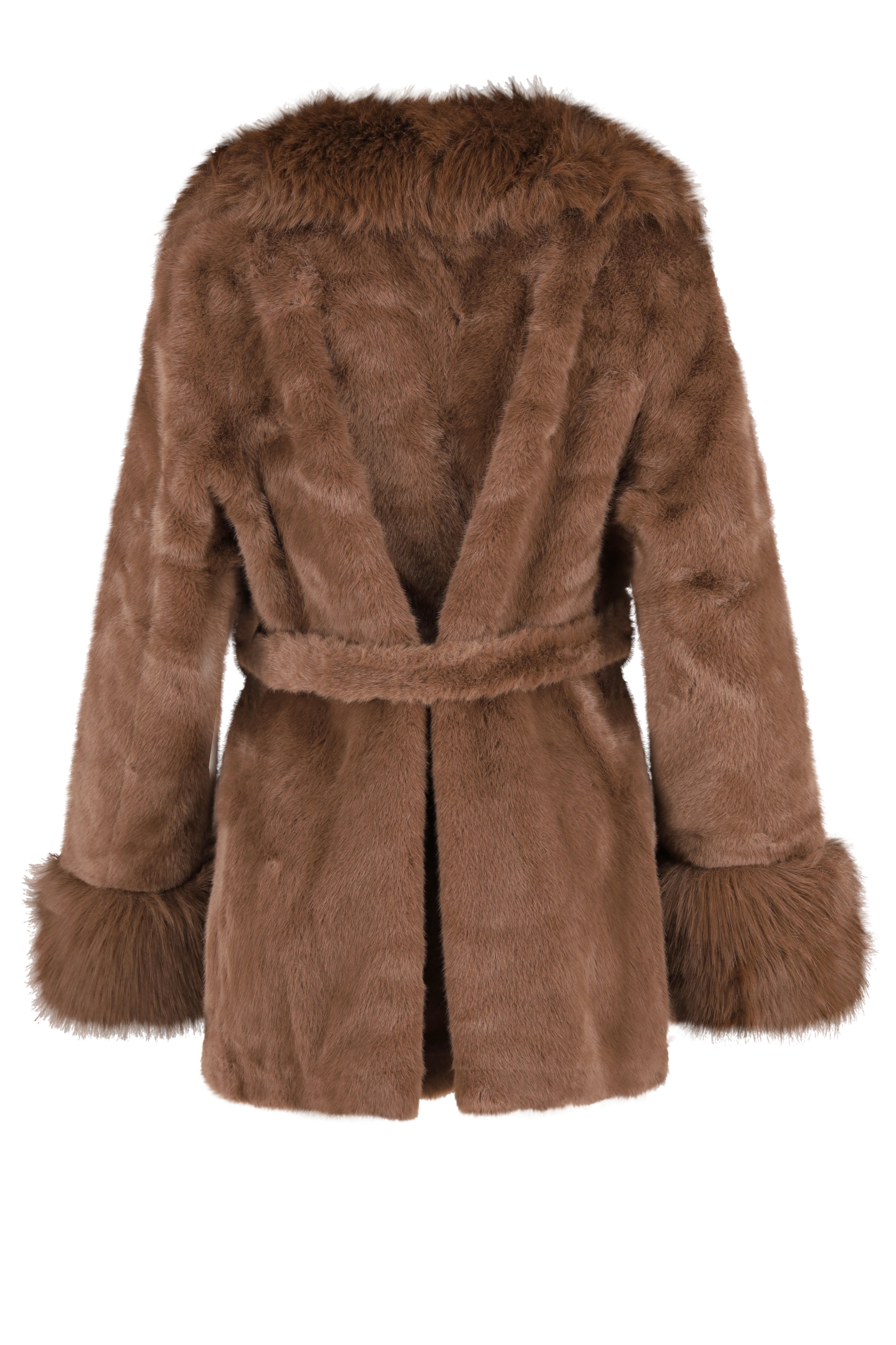 Faux Fur Belted Coat - Brown