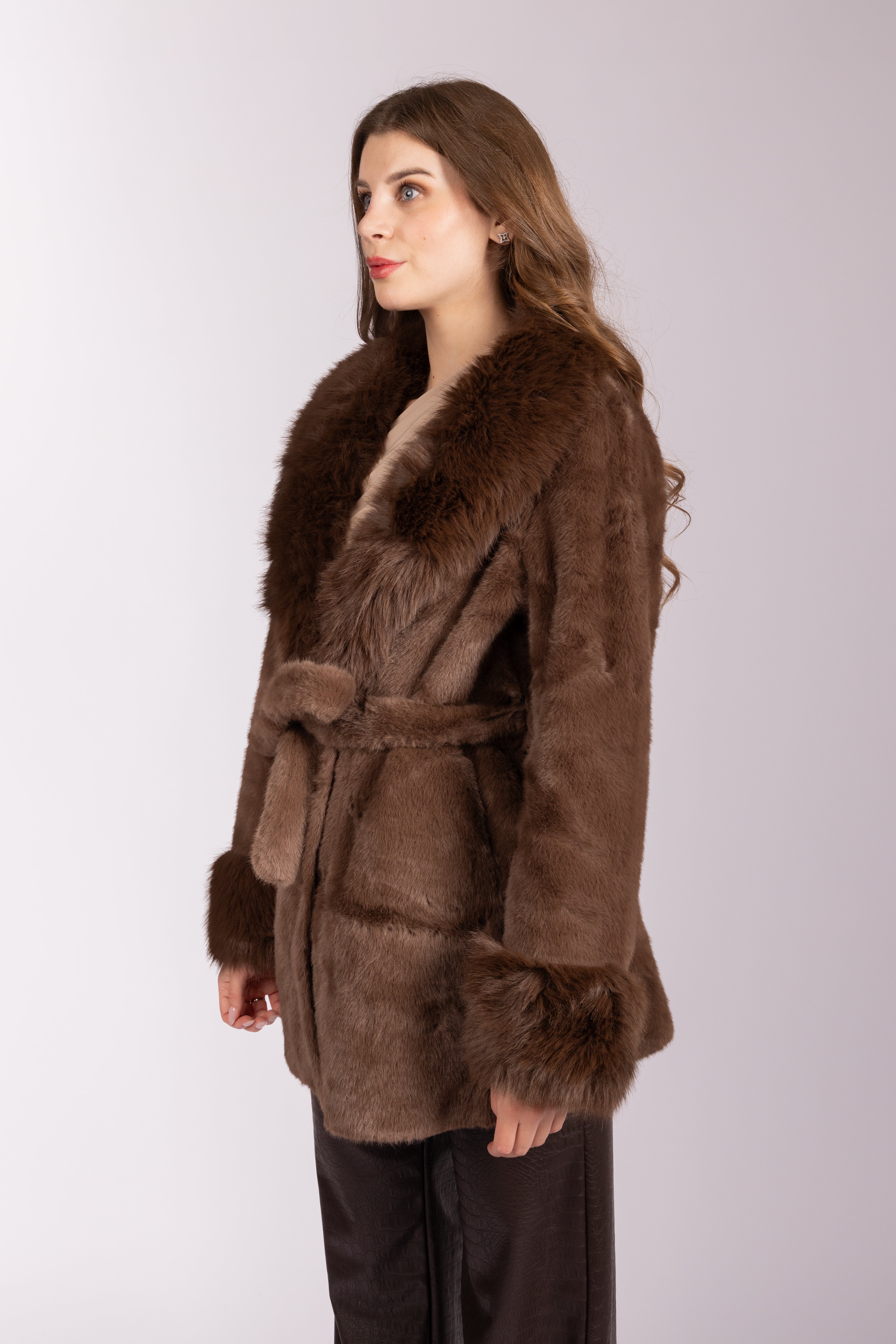 Faux Fur Belted Coat - Brown