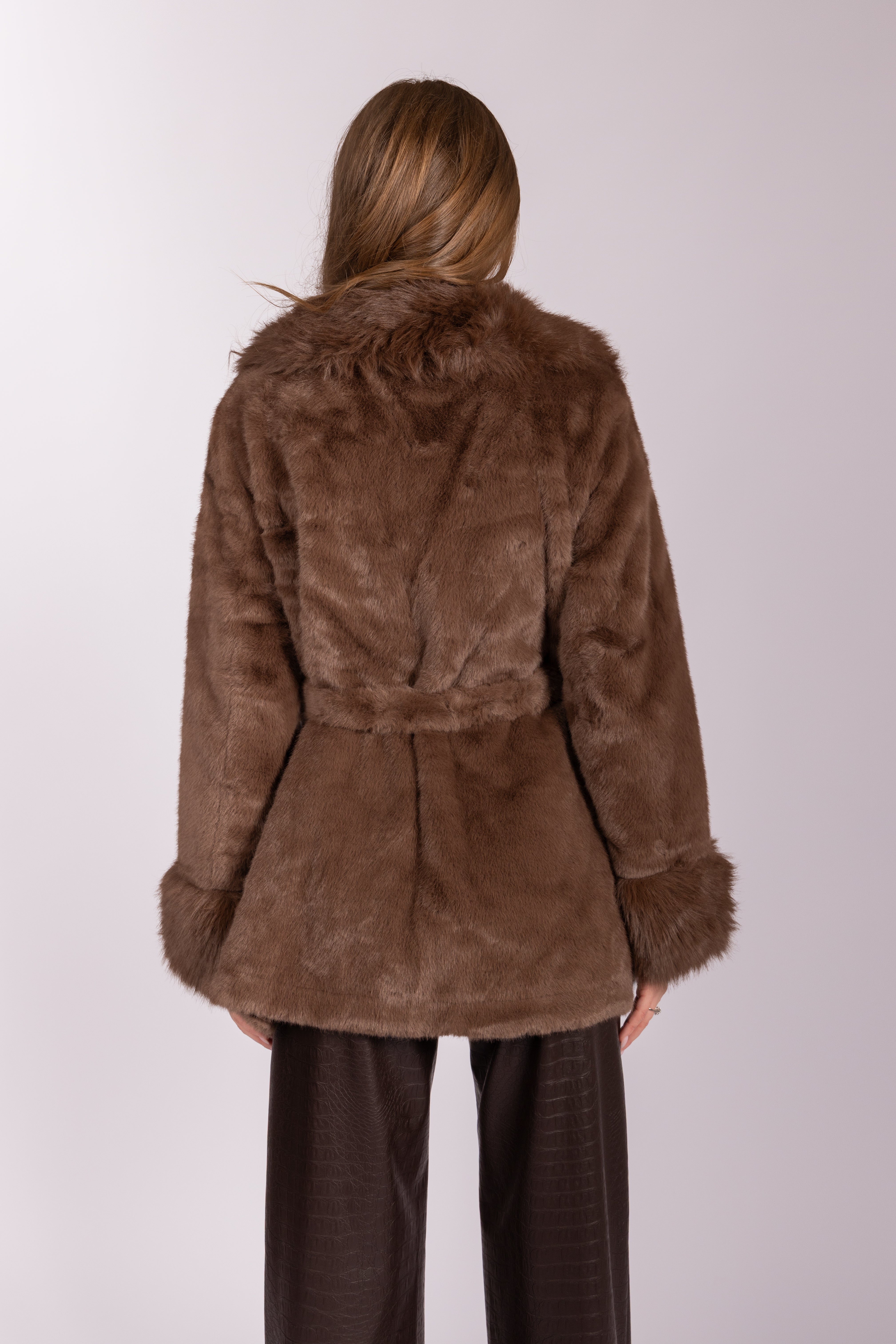 Faux Fur Belted Coat - Brown