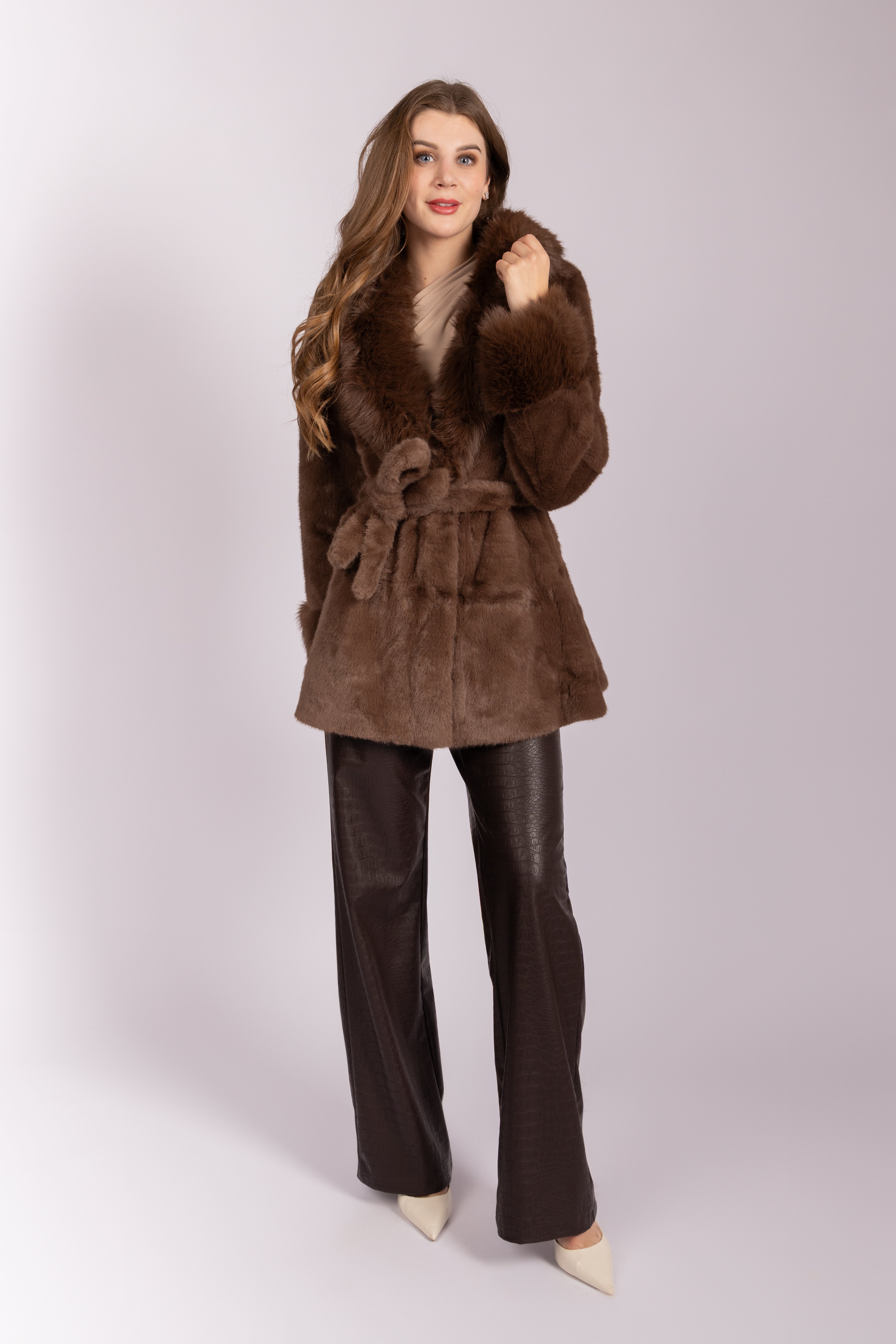 Faux Fur Belted Coat - Brown