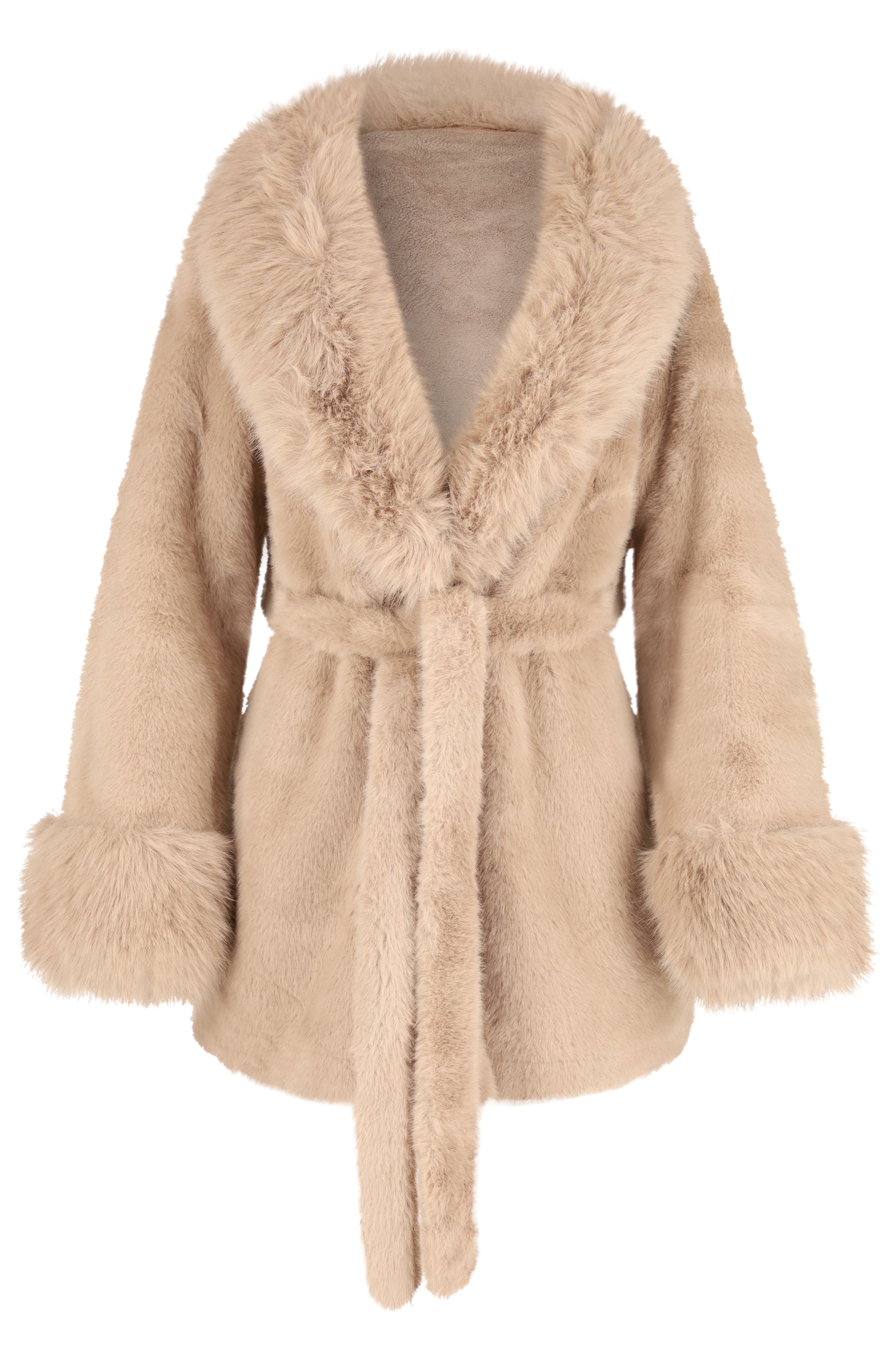 Faux Fur Belted Coat - Taupe