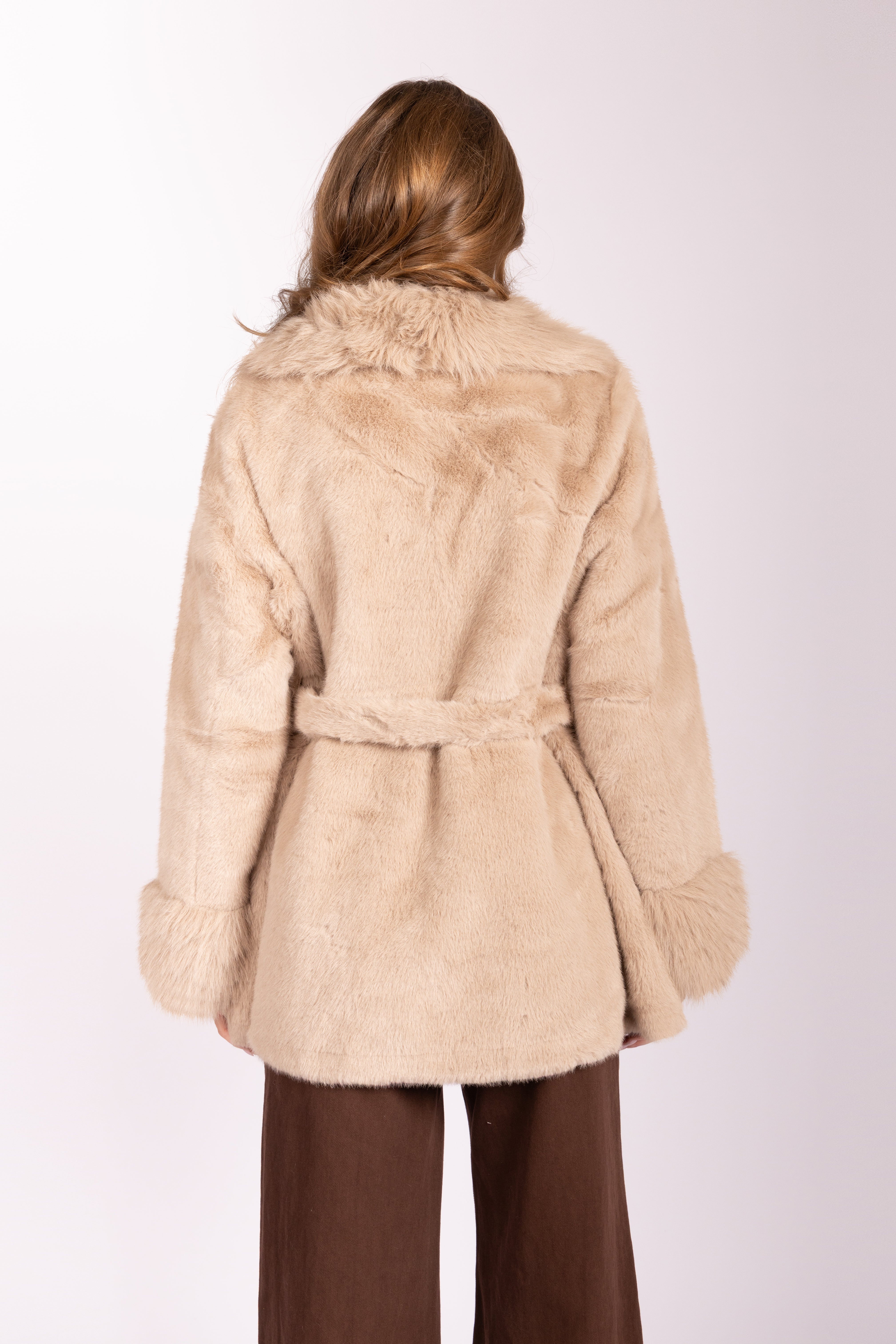 Faux Fur Belted Coat - Taupe