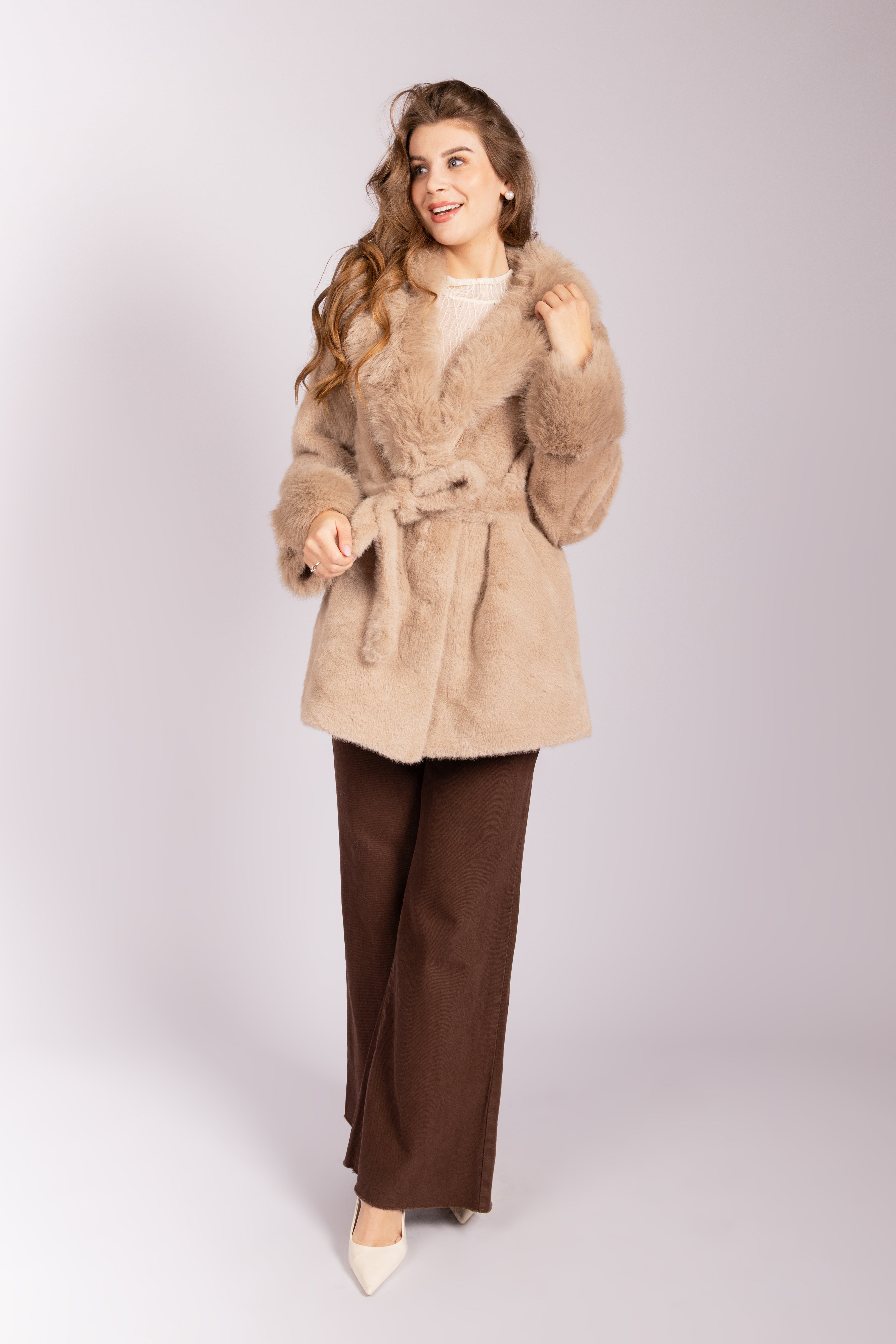Faux Fur Belted Coat - Taupe