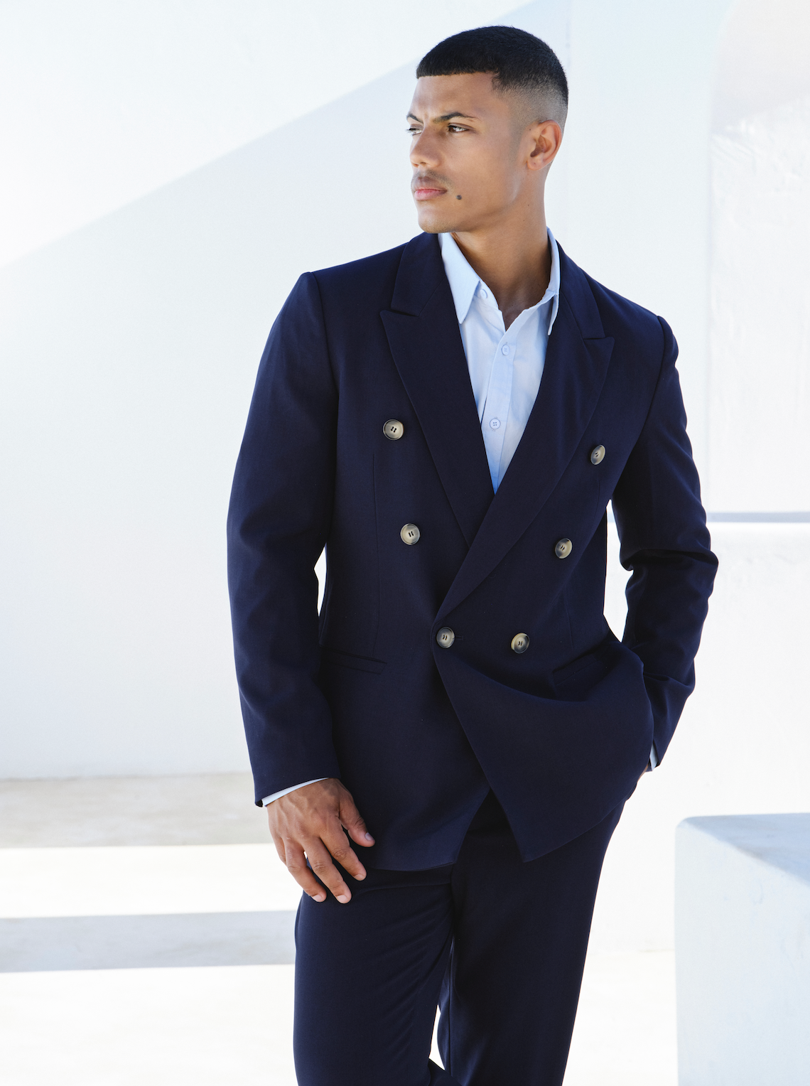 Suit double breasted two piece navy blue