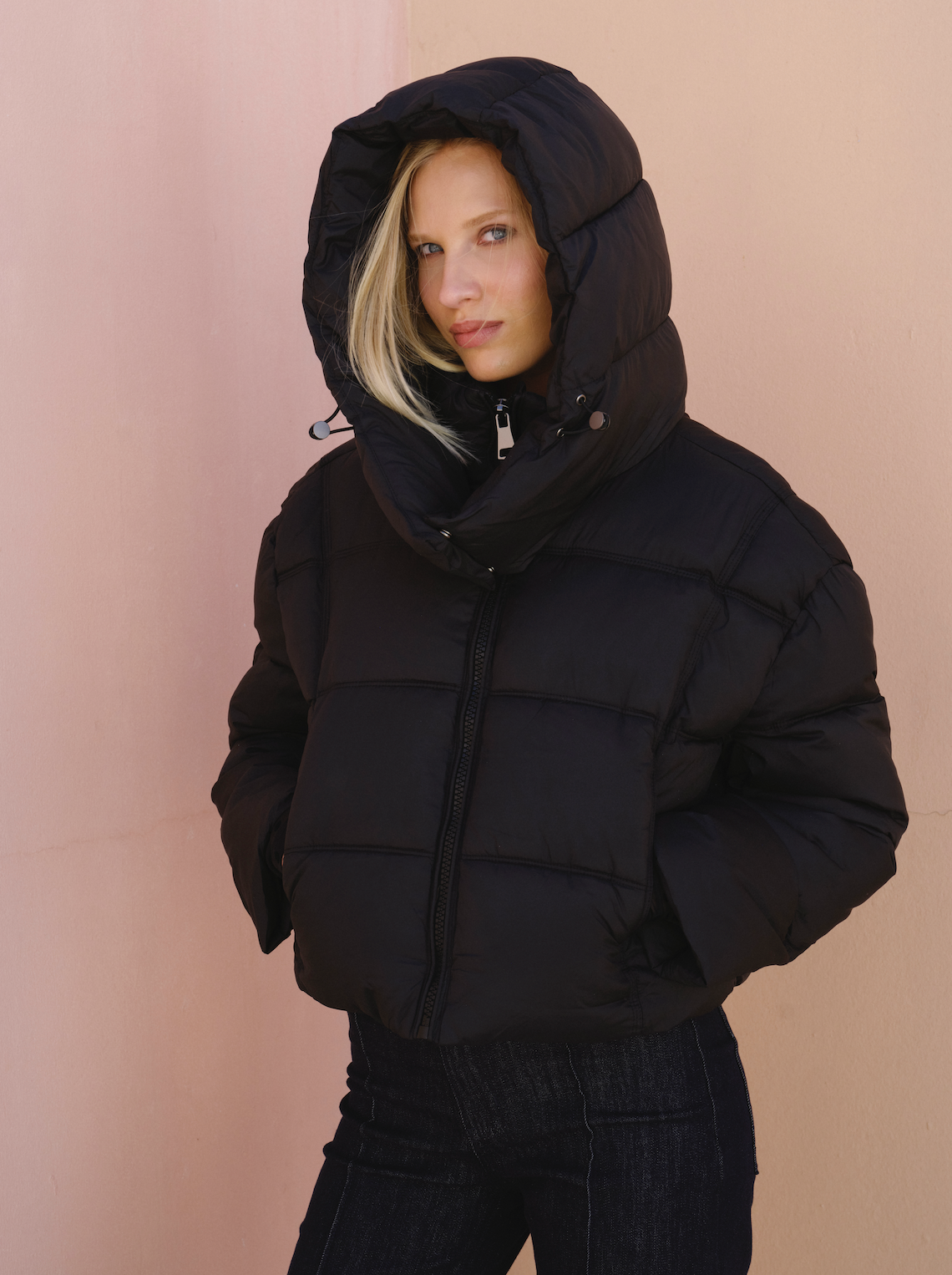 Crop Puffer Jacket with Adjustable Hood - Black