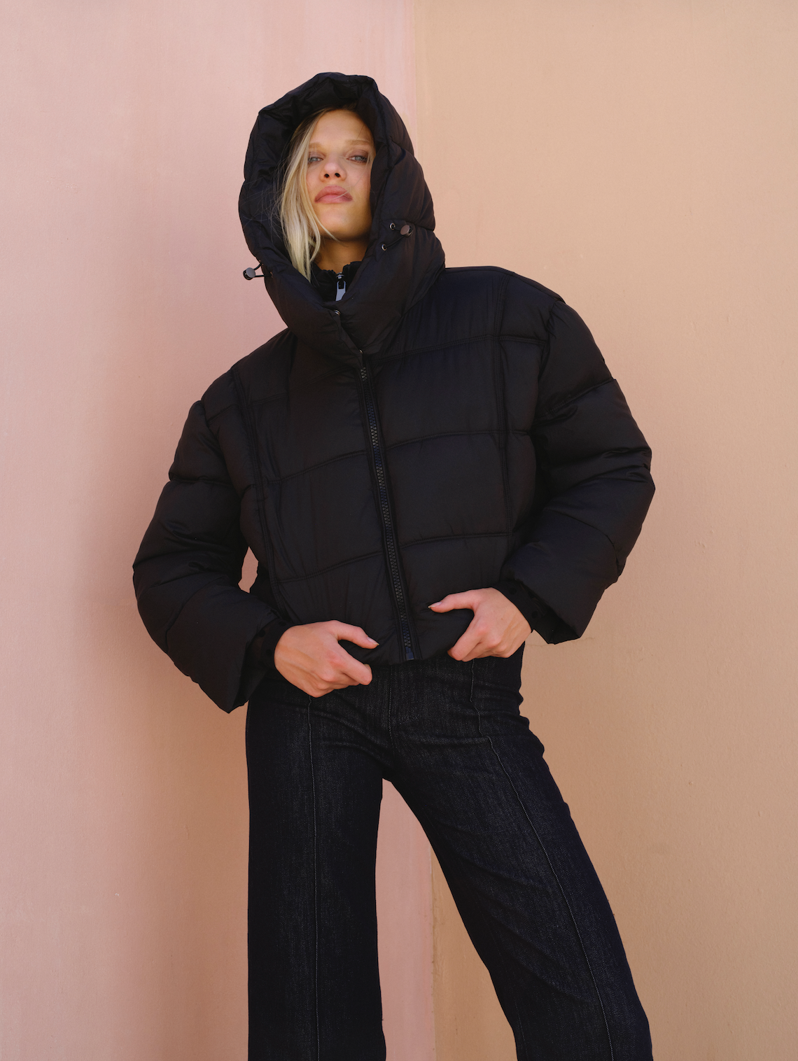 Crop Puffer Jacket with Adjustable Hood - Black