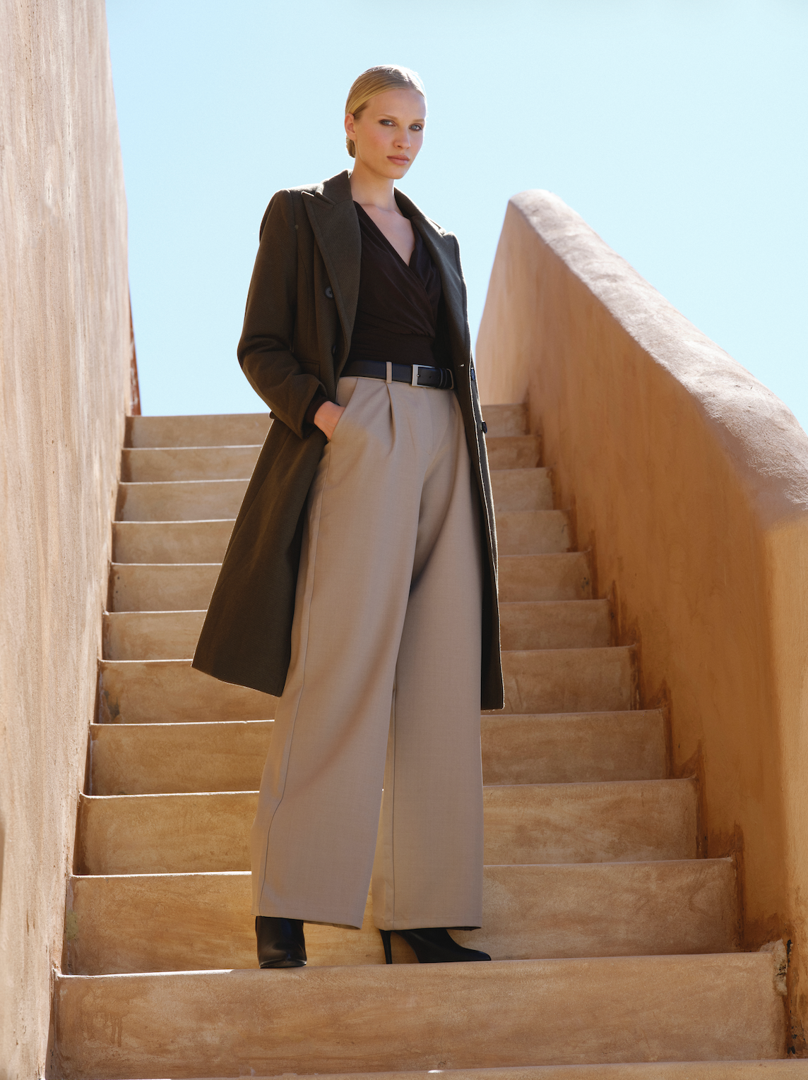 Melton DB Long Jacket - Khaki