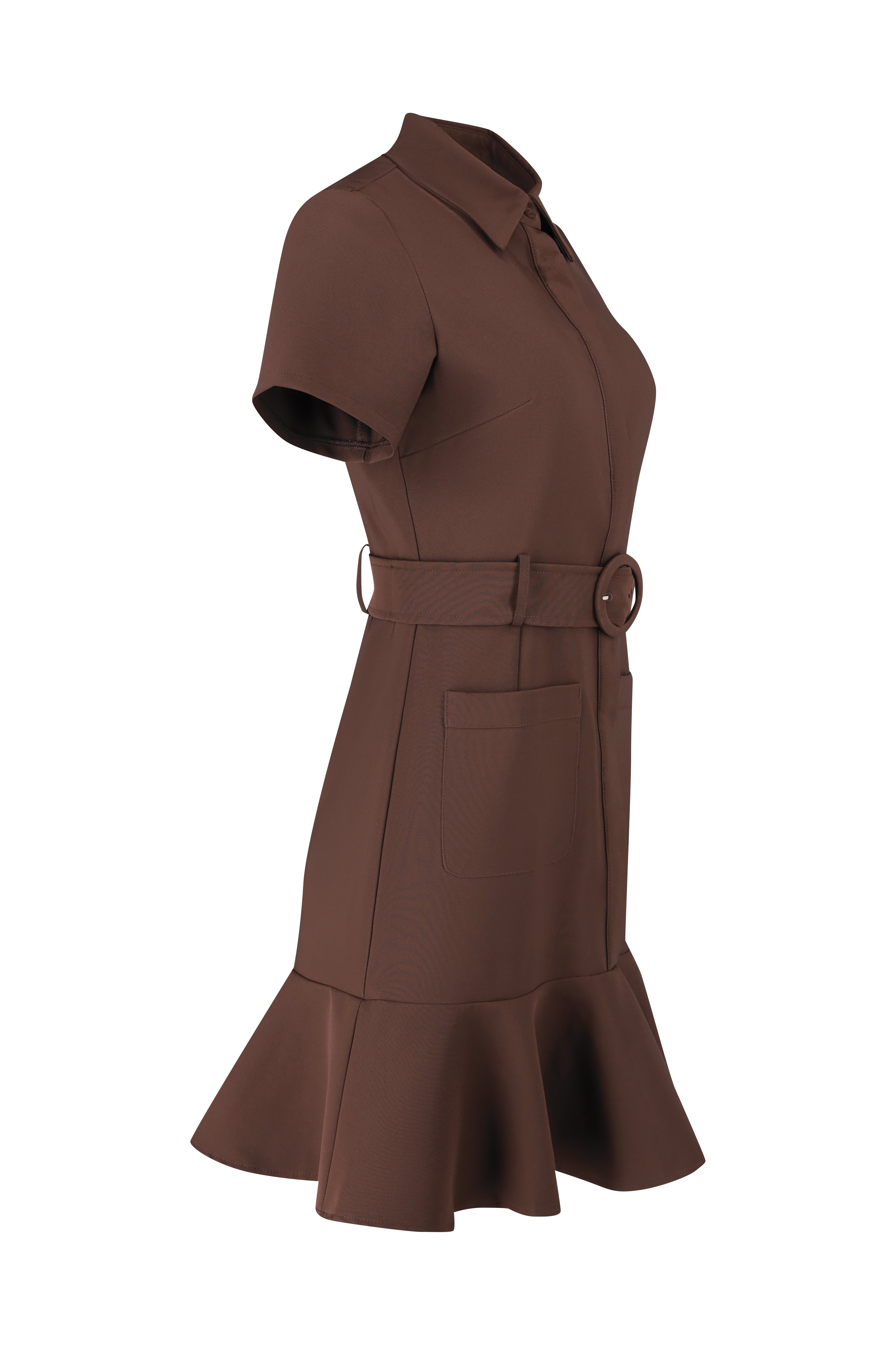 Short Sleeve Belted Dress Brown