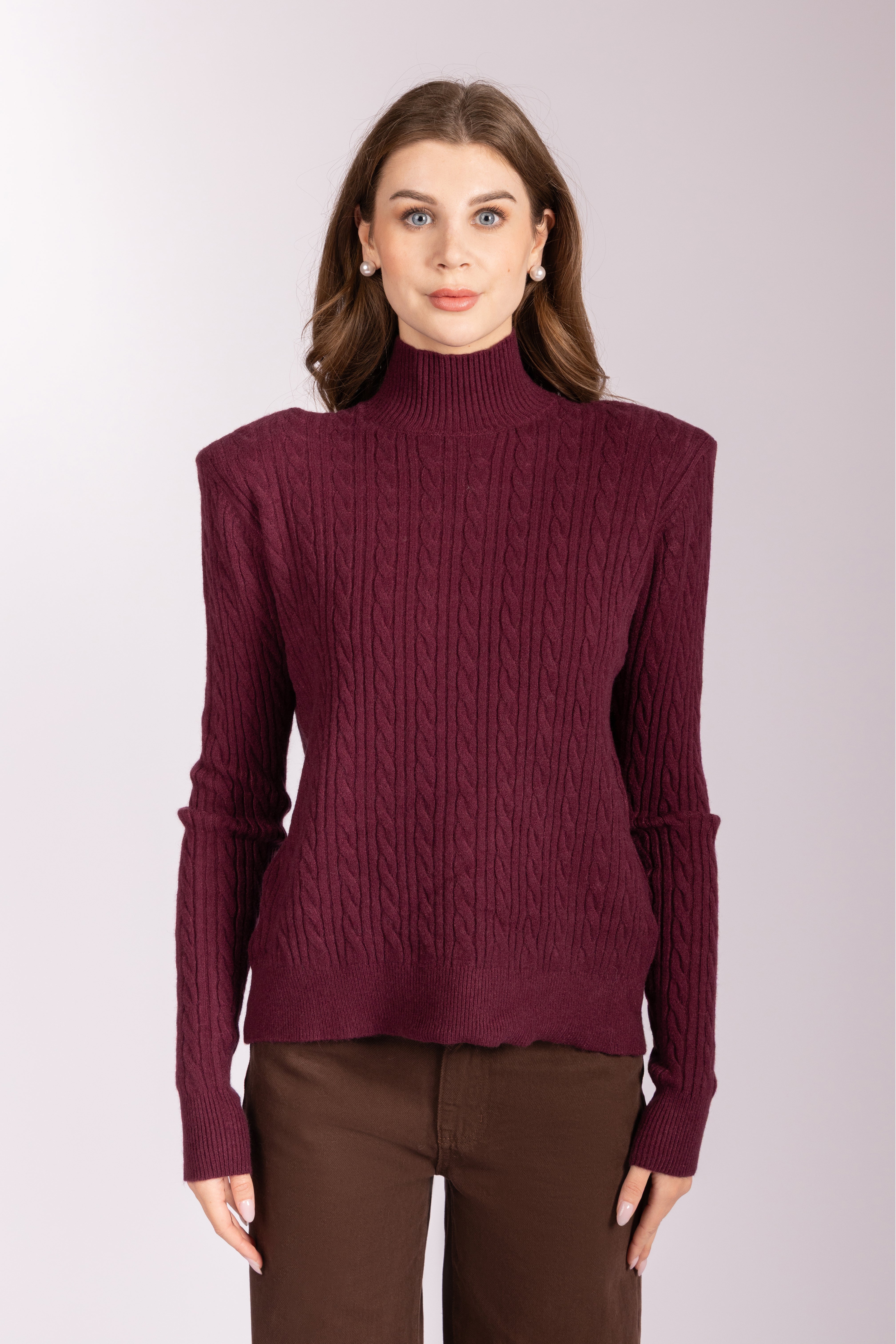 Cable-Knit Mock-Neck Sweater - Bordeaux