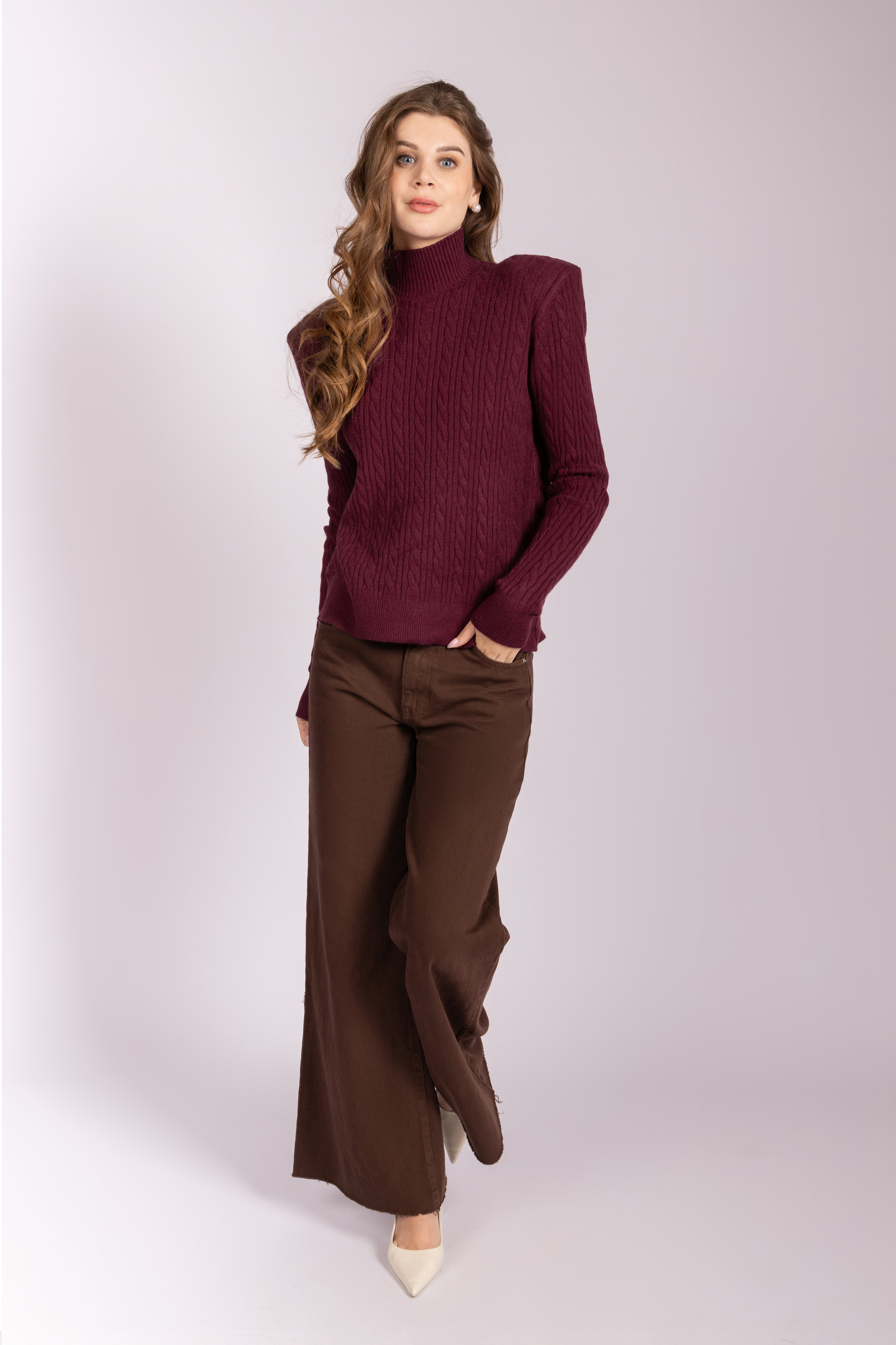 Cable-Knit Mock-Neck Sweater - Bordeaux