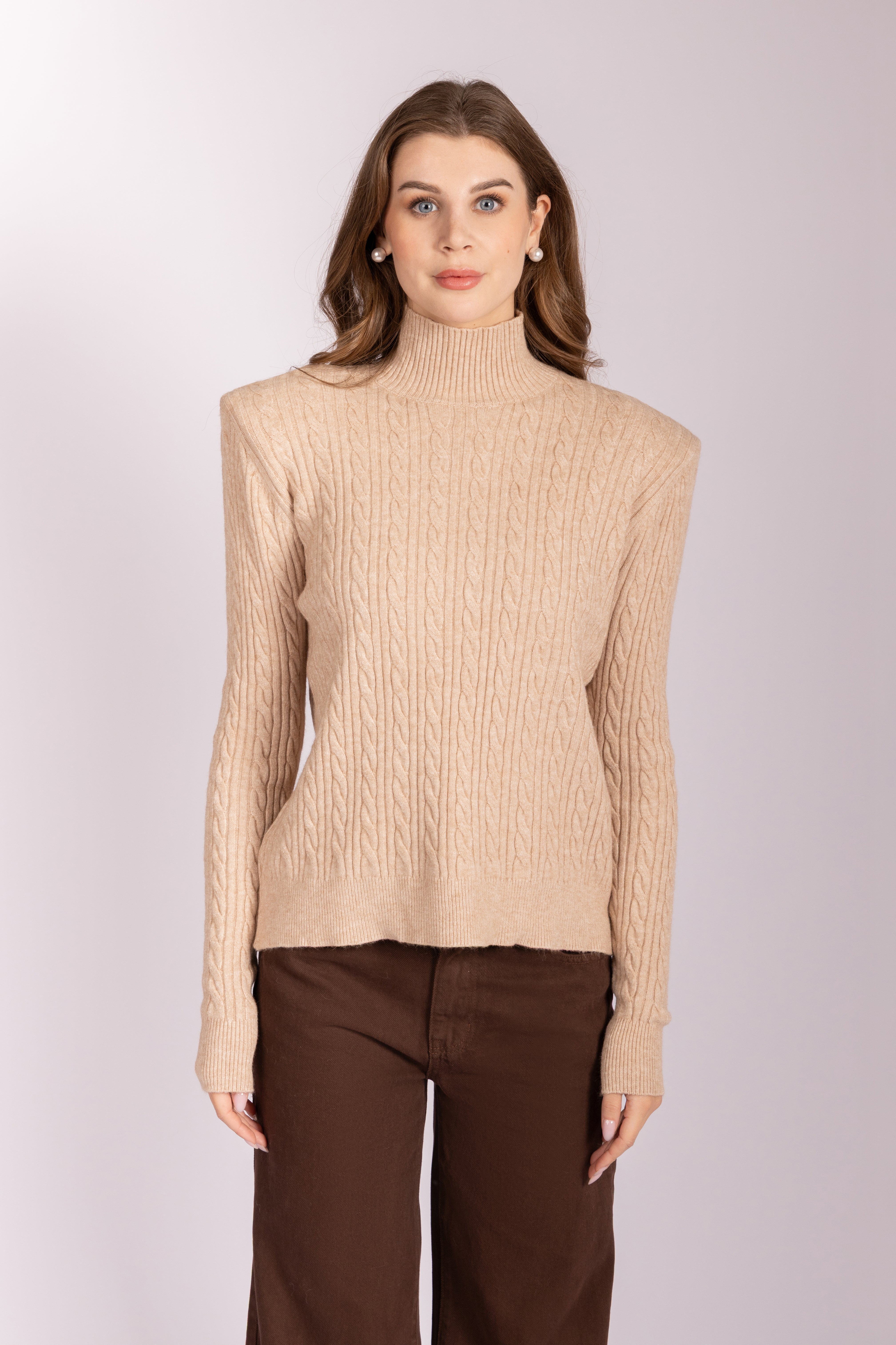 Cable-Knit Mock-Neck Sweater - Beige