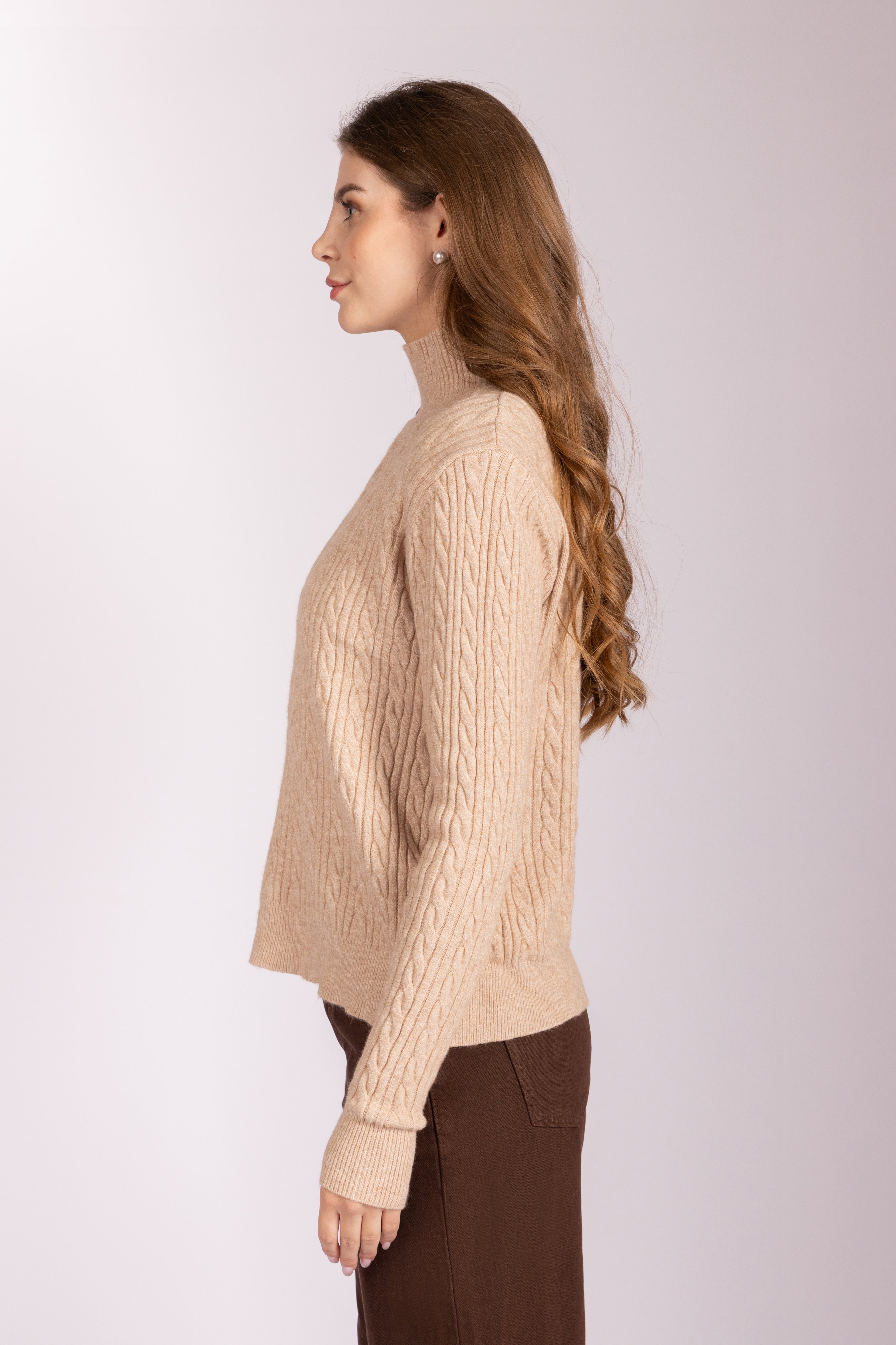 Cable-Knit Mock-Neck Sweater - Beige