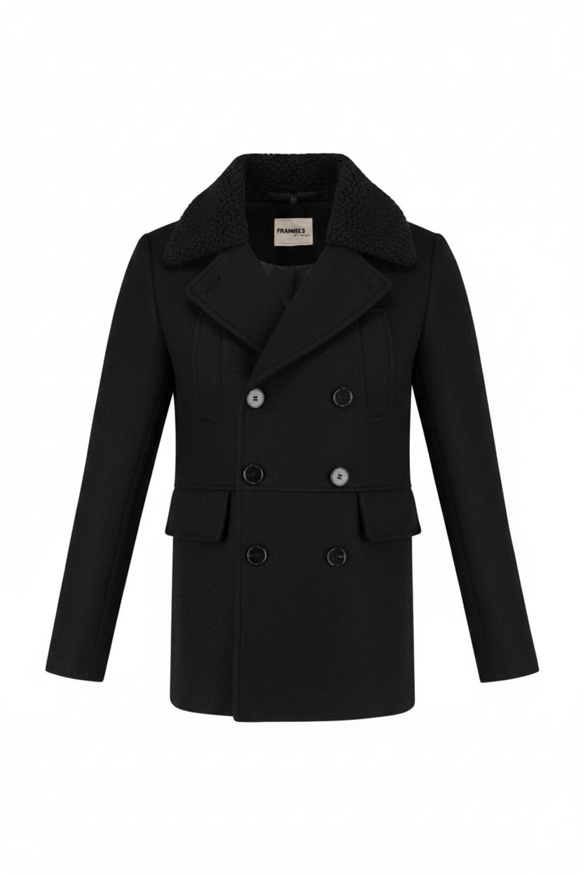Double Breasted Short Coat With Fur Trim - Black