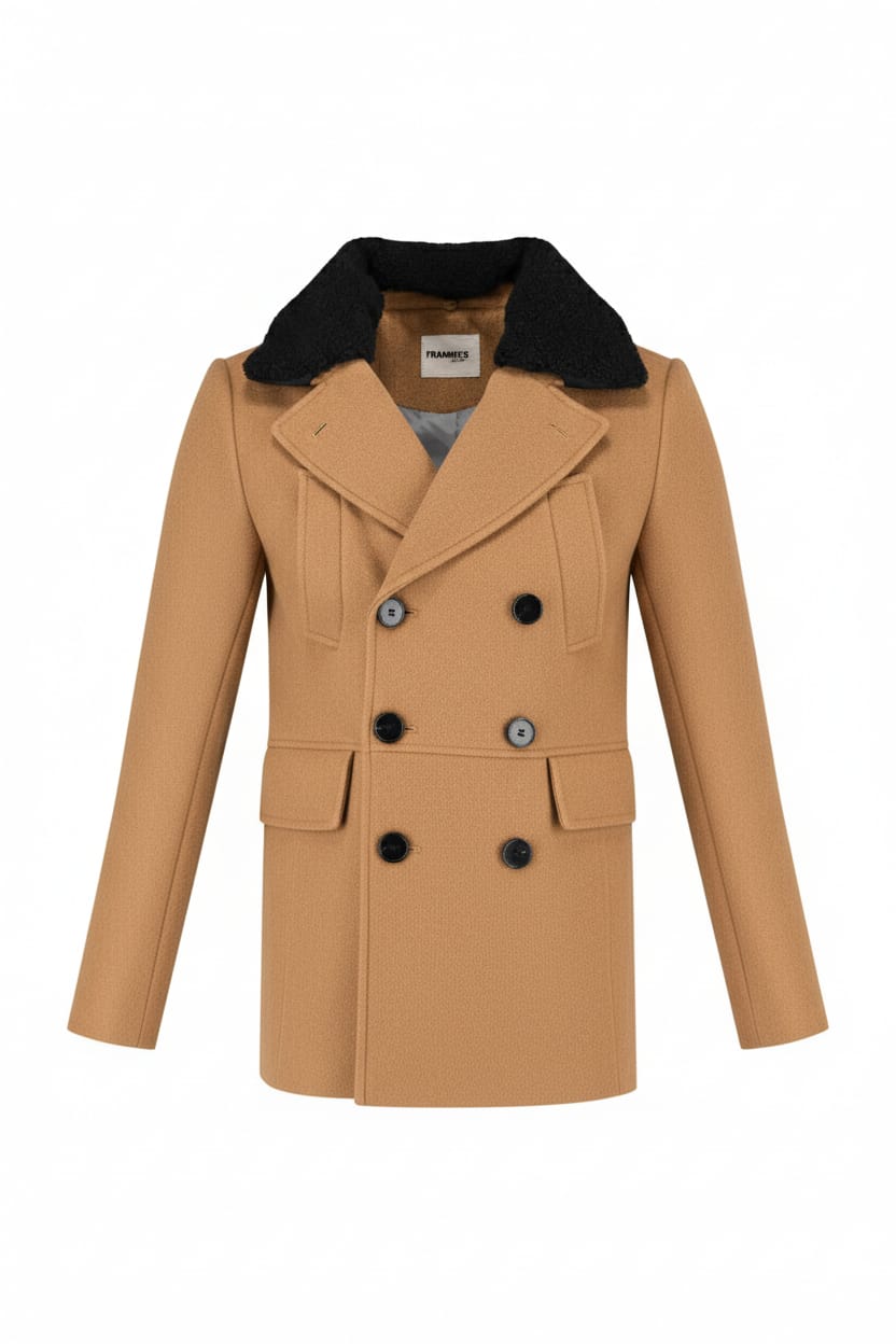Double Breasted Short Coat With Fur Trim - light brown