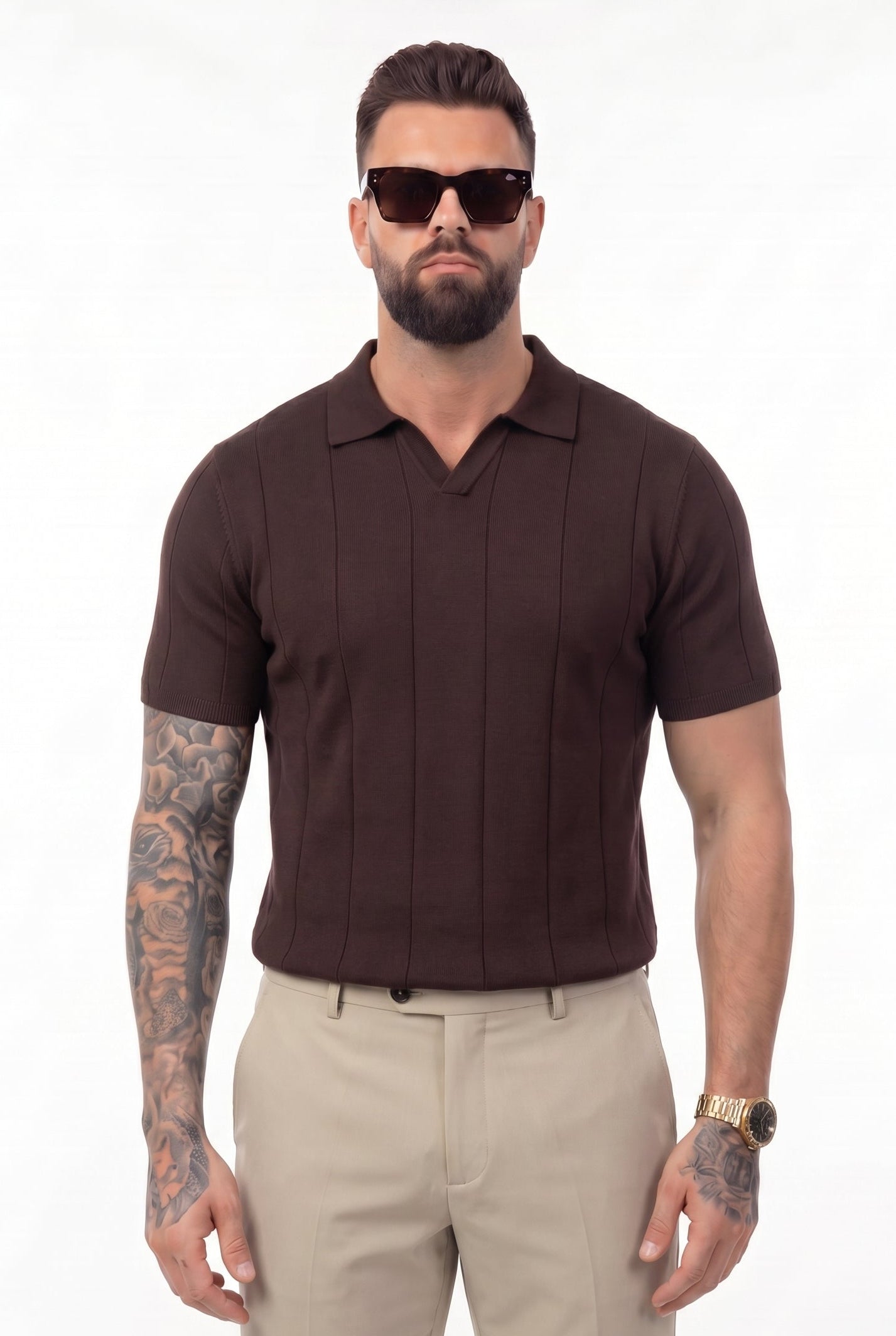 Buttonless Knitwear Polo Short Sleeve Brown