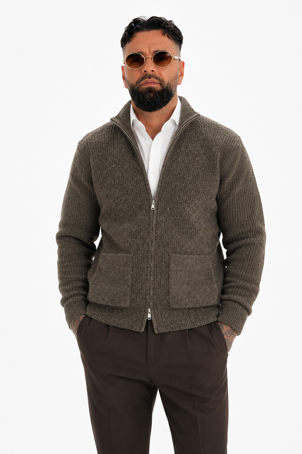 Merano Rib Knit Zip Cardigan Dark Brown