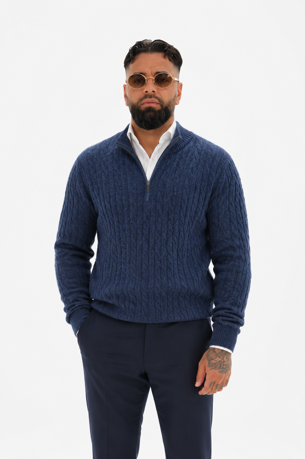 Aosta Cable Knit Quarter Zip Navy Blue