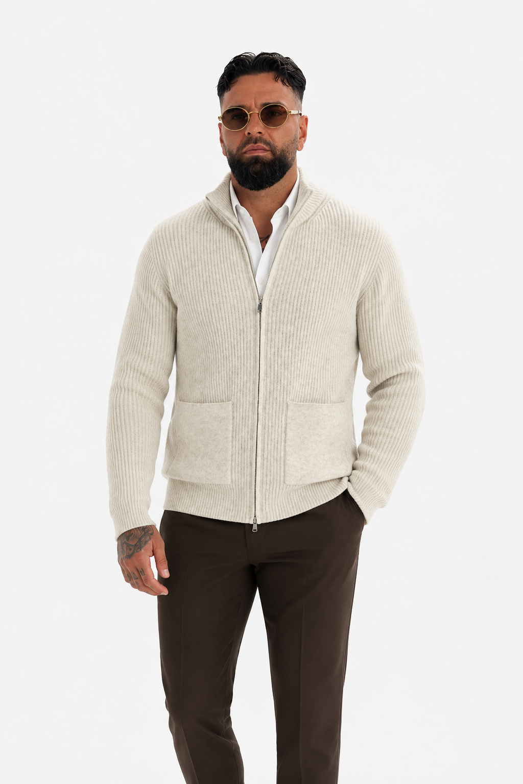 Merano Rib Knit Zip Cardigan Beige
