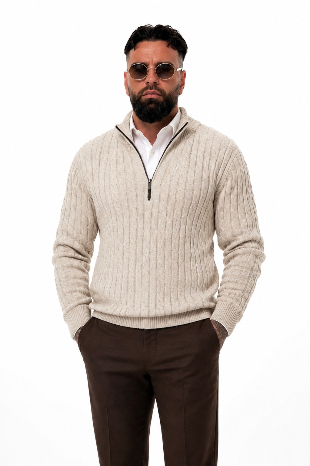 Aosta Cable Knit Quarter Zip Beige