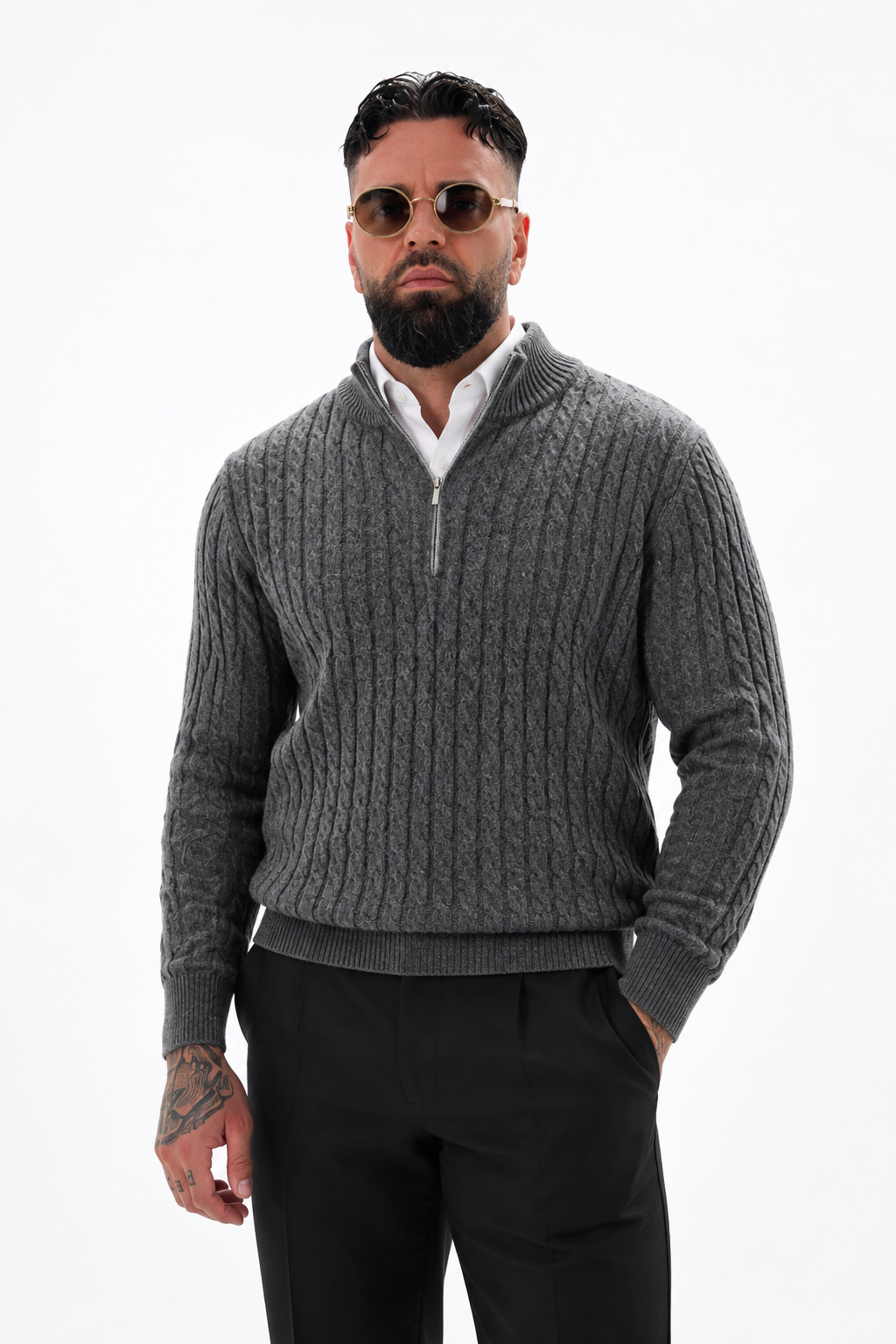 Aosta Cable Knit Quarter Zip Grey
