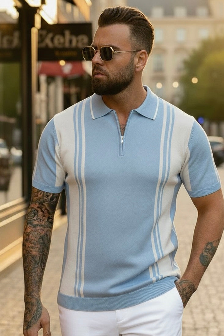 Polo knitwear short sleeve zipper light blue white - Frankie's